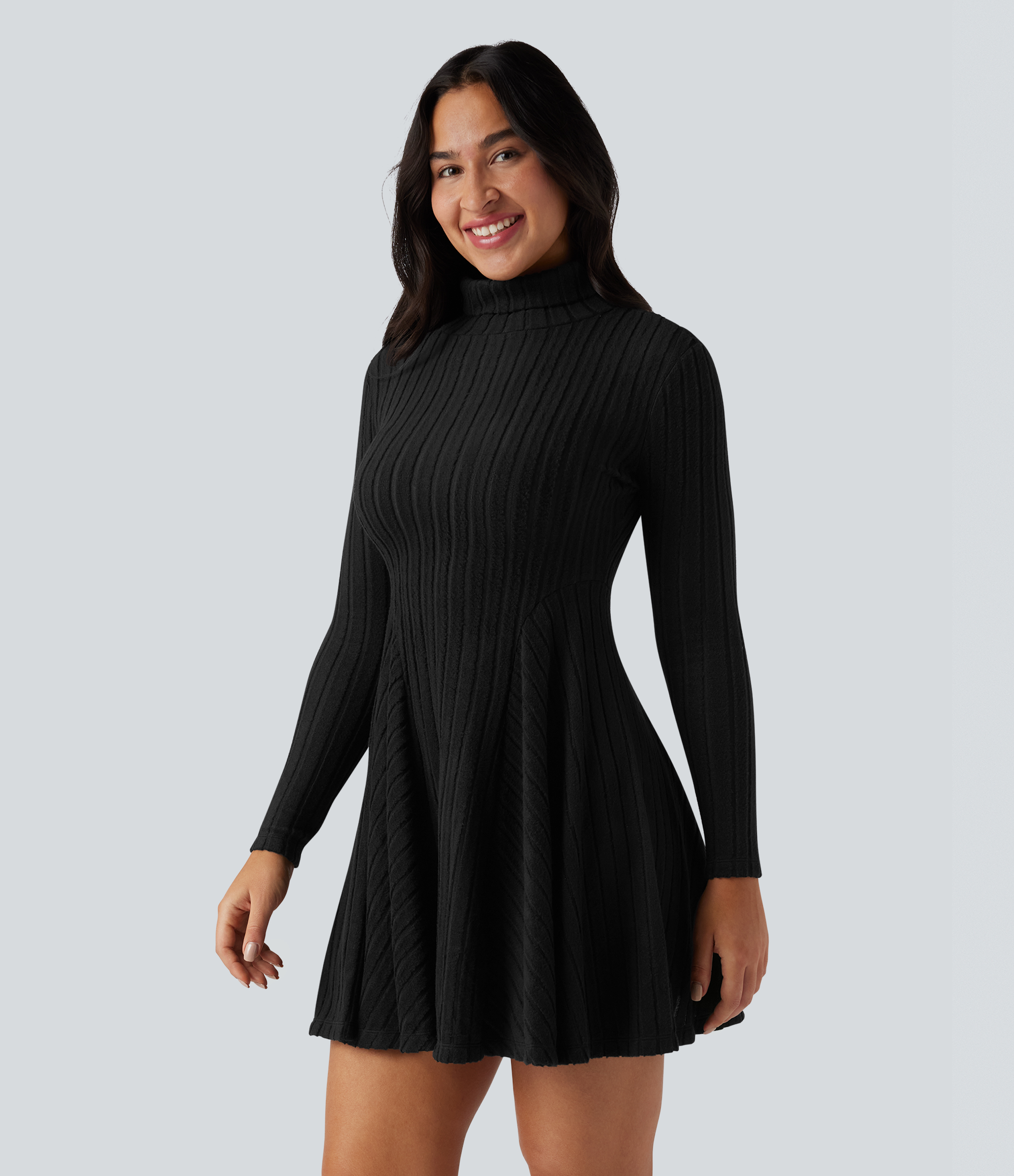 Ribbed Knit High Neck Long Sleeve Flare Mini Casual Dress