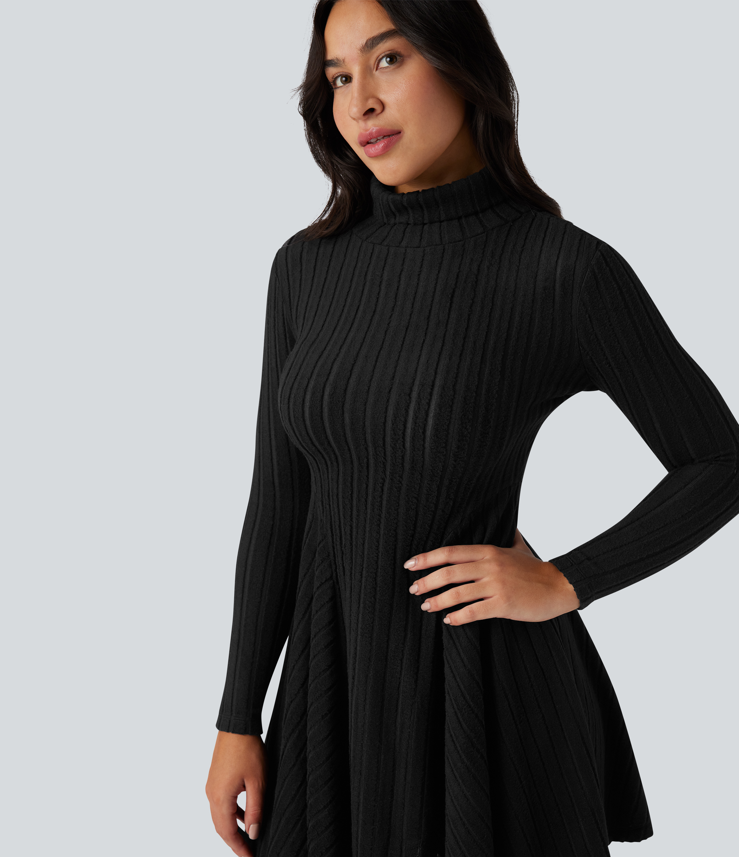 Ribbed Knit High Neck Long Sleeve Flare Mini Casual Dress