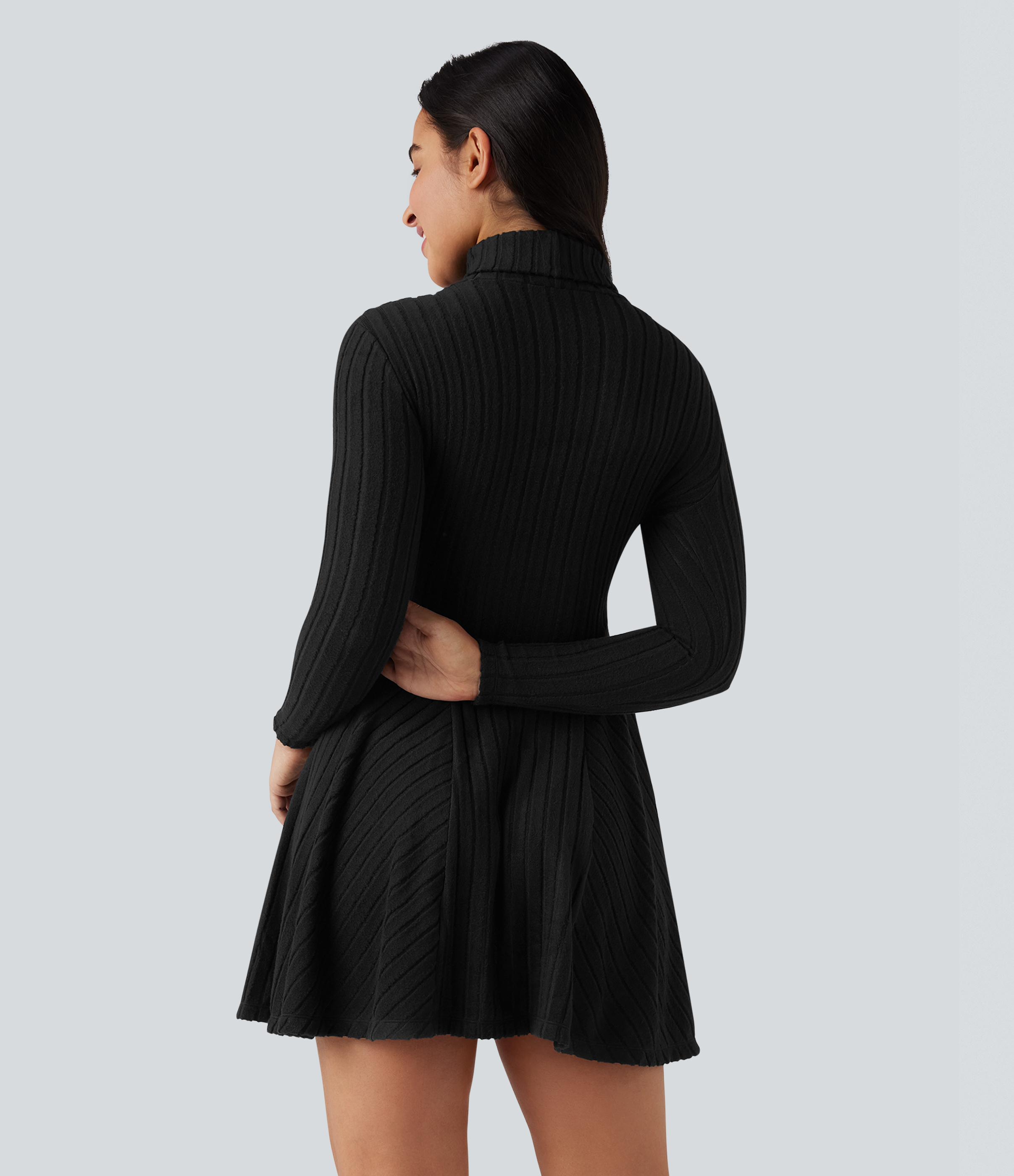 Black Ribbed Knit High Neck Long Sleeve Flare Mini Casual Dress / 2