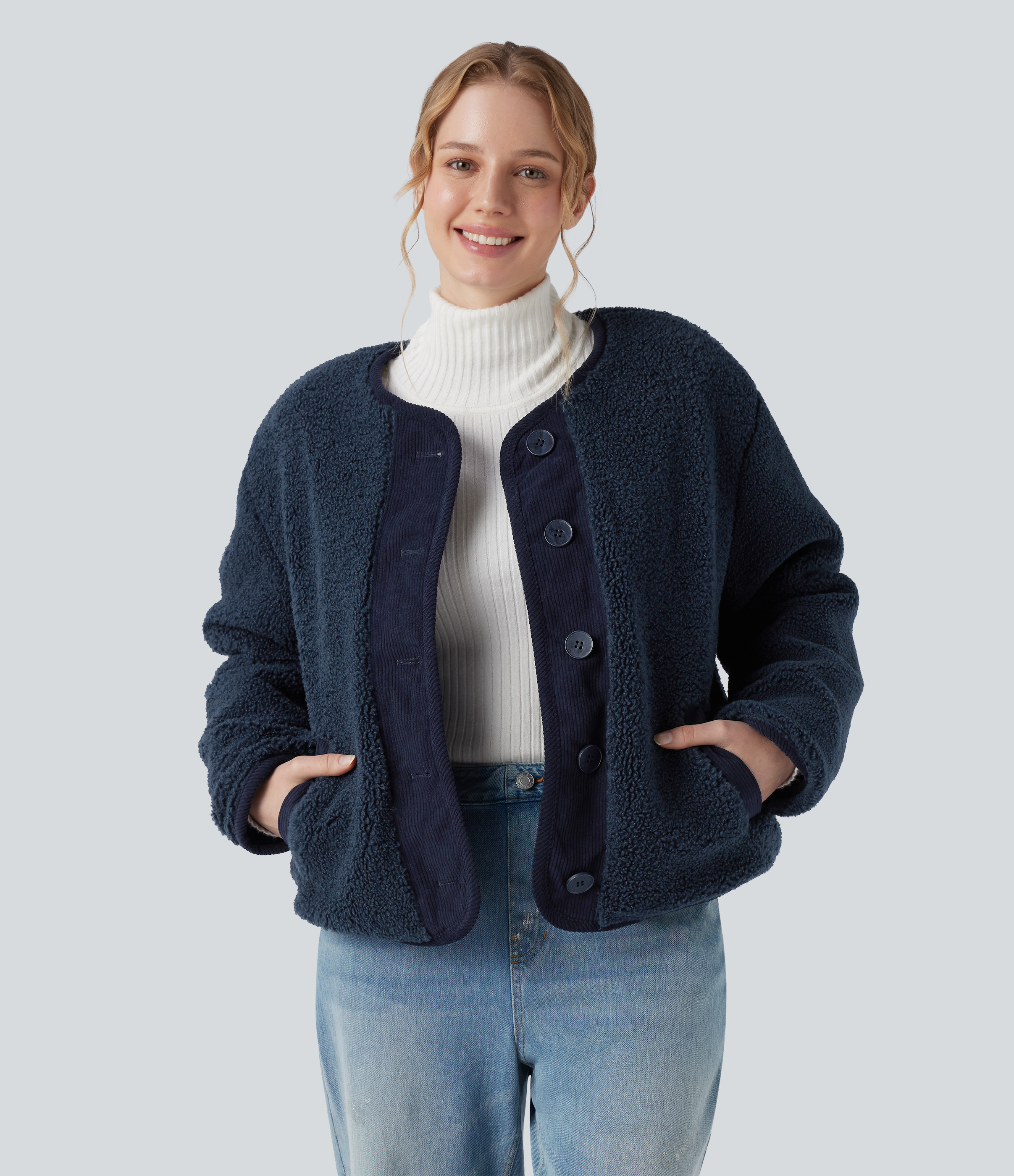 Wendbare, langärmelige, lässige Sherpa-Jacke mit Taschen (zwei Looks in einem)