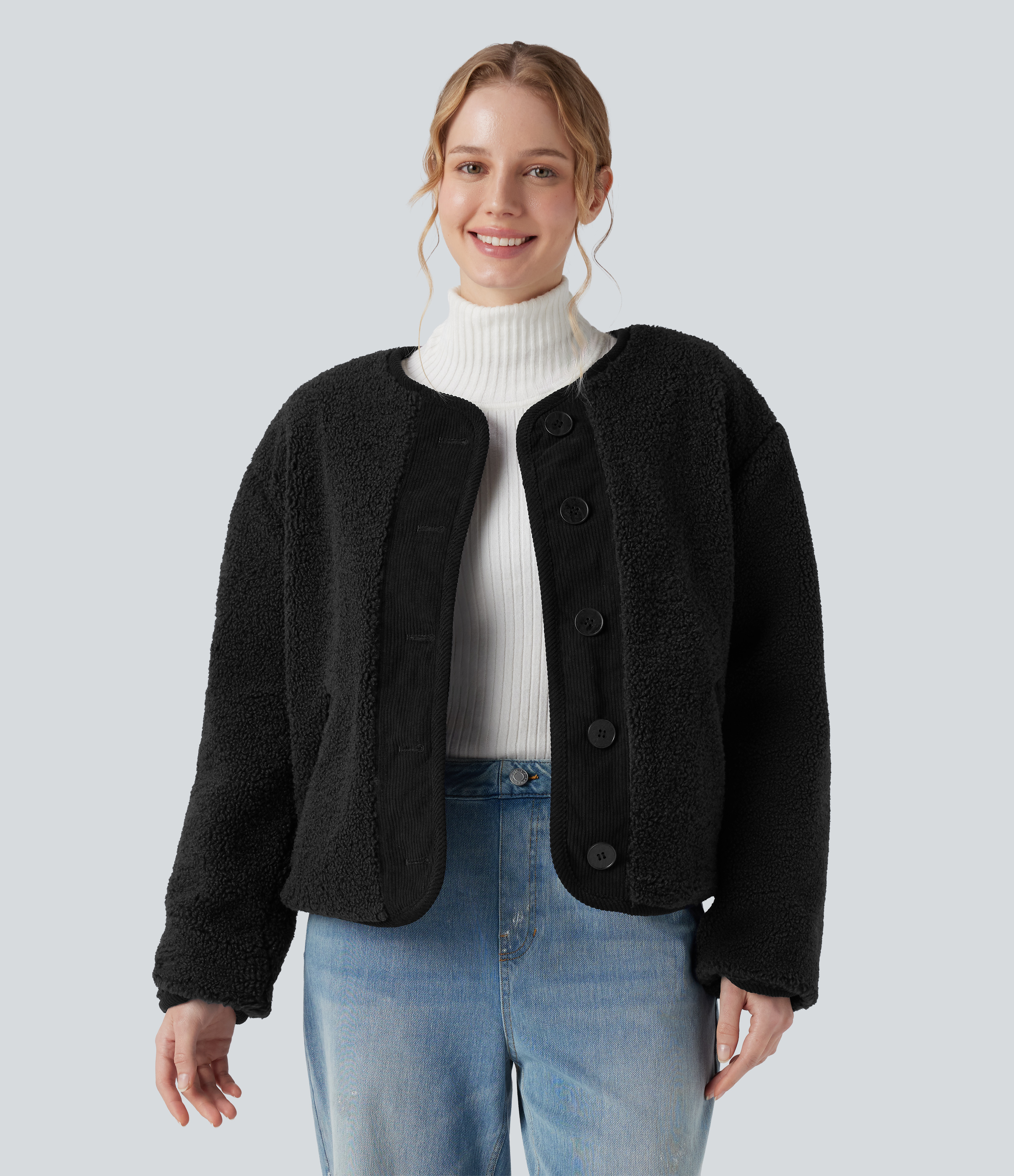 Reversible Long Sleeve Casual Sherpa Jacket with Pockets (Two Looks in One)