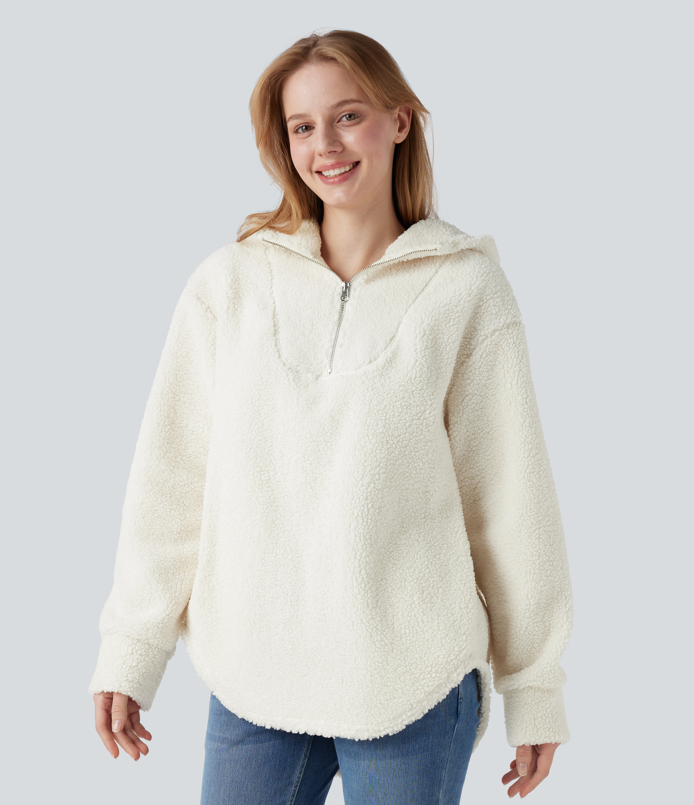 Hooded Half Zipper Curved Hem Oversized Casual Sherpa Sweatshirt with Pockets