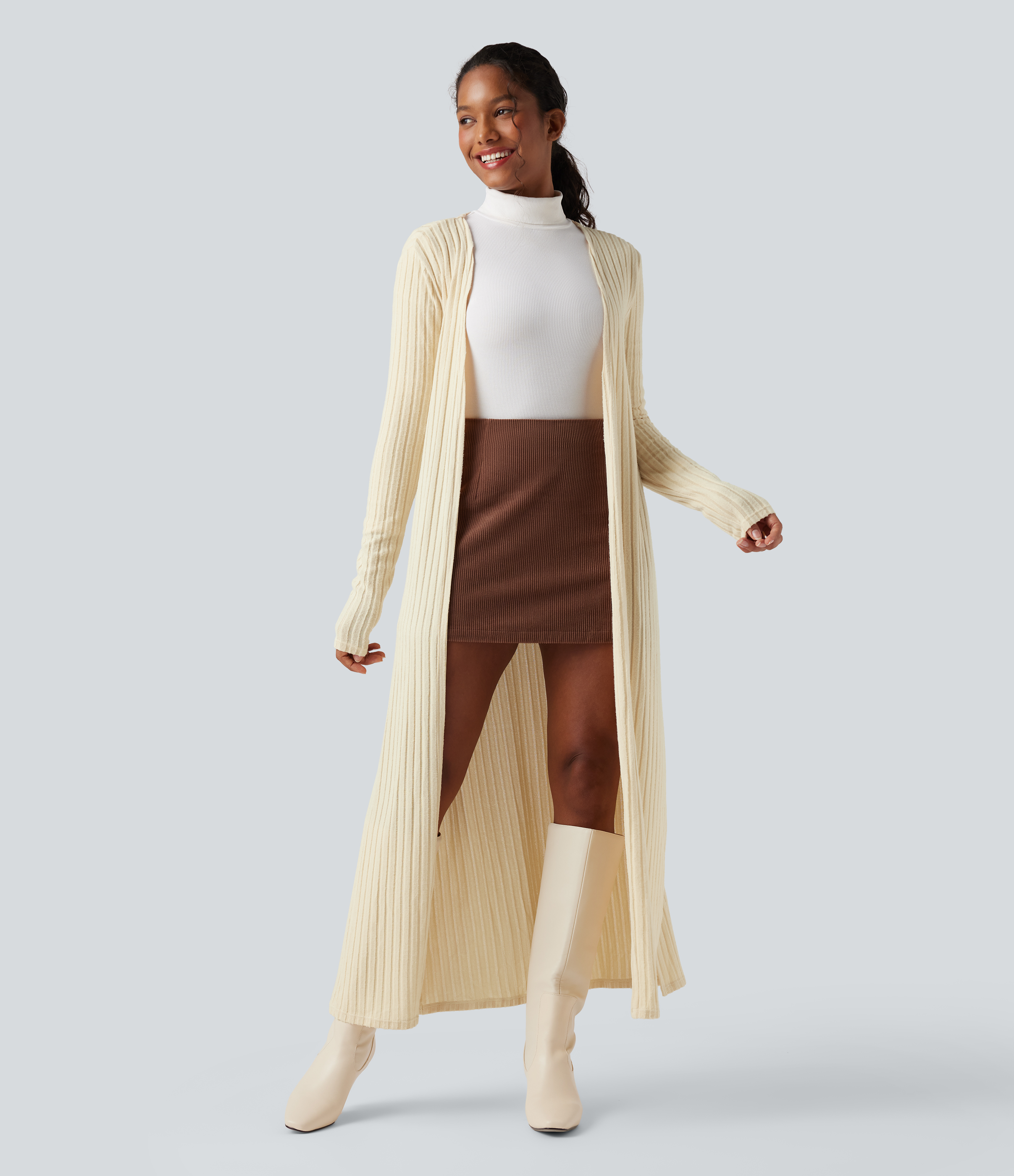 Ribbed Knit Long Sleeve Split Casual Longline Coat