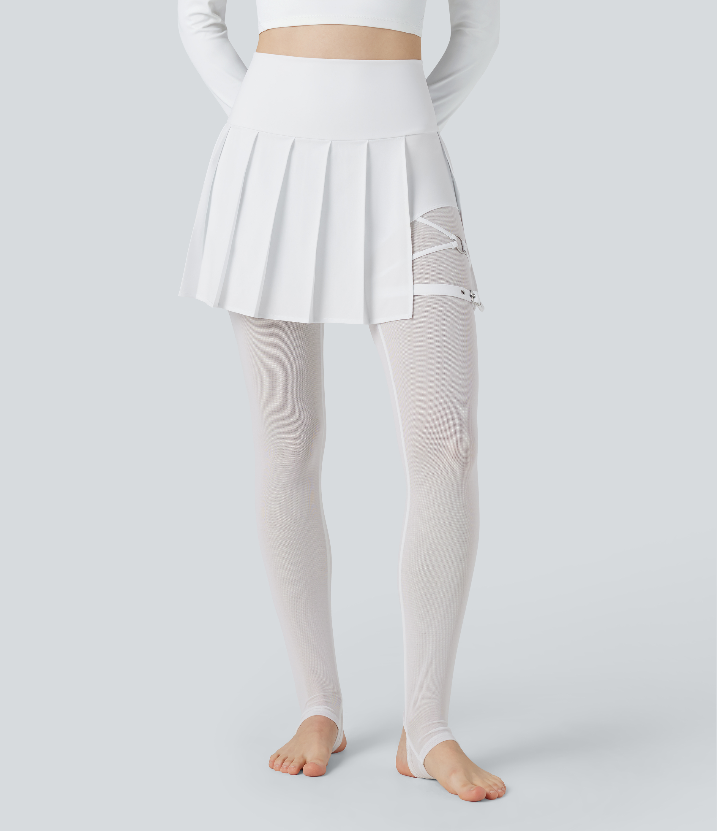 Breezeful™ High Waisted Pleated 2-in-1 Contrast Mesh Quick Dry Dance Stirrup Skirted Leggings with Pockets