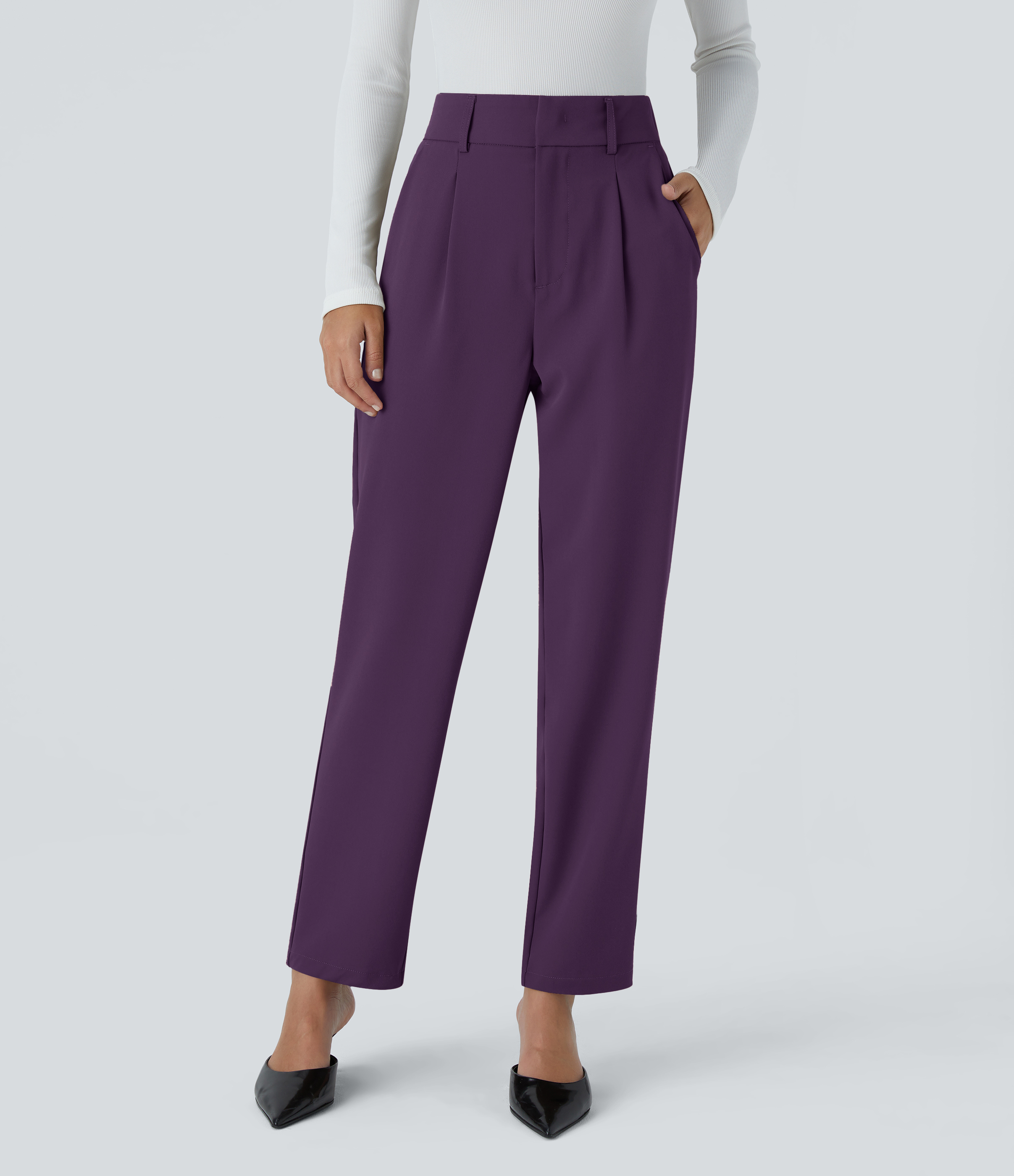 High Waisted Pocket Solid Women Suit Work Tapered Pants