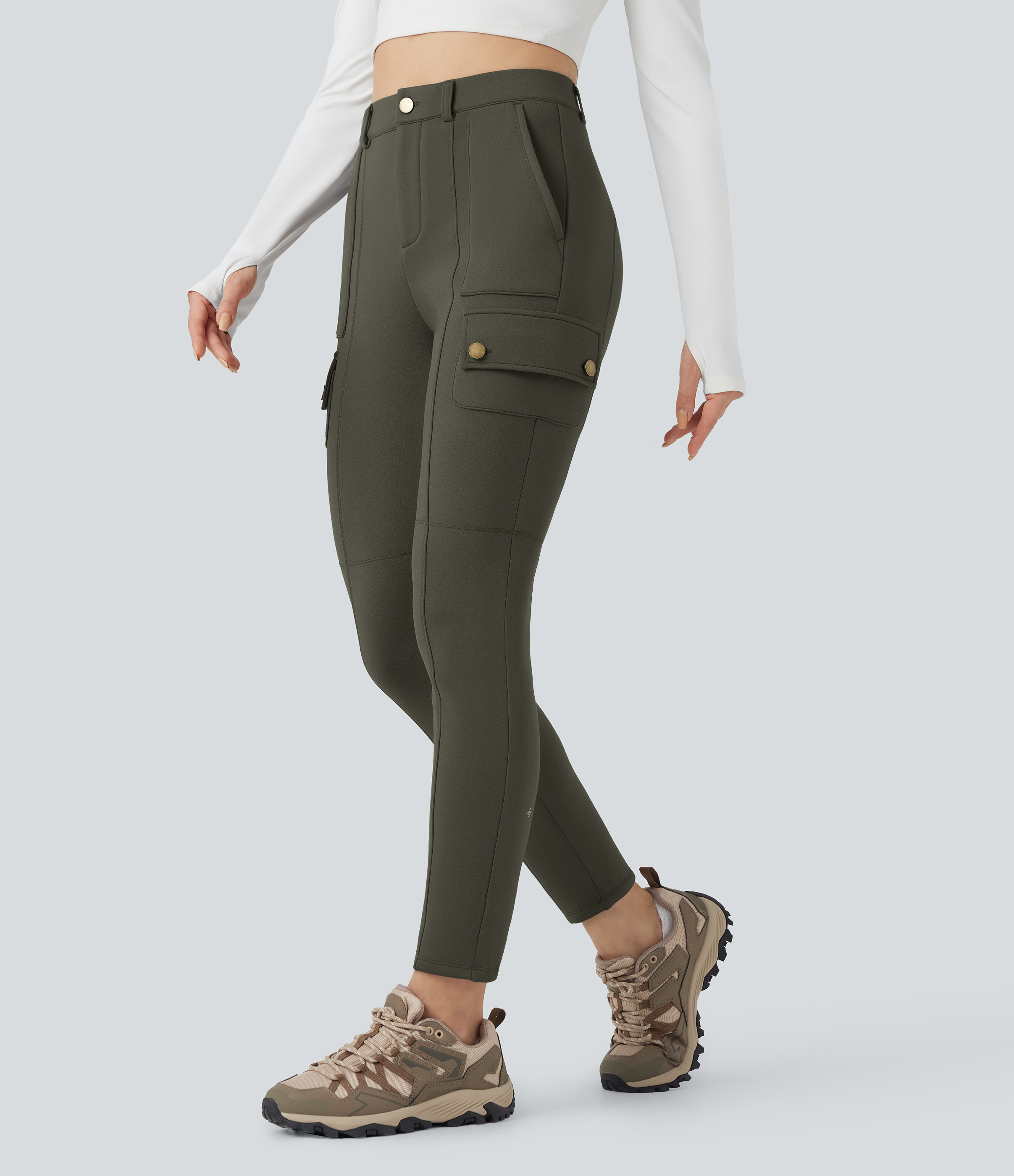 High Waisted Skinny Fleece Hiking Cargo Pants with Pockets