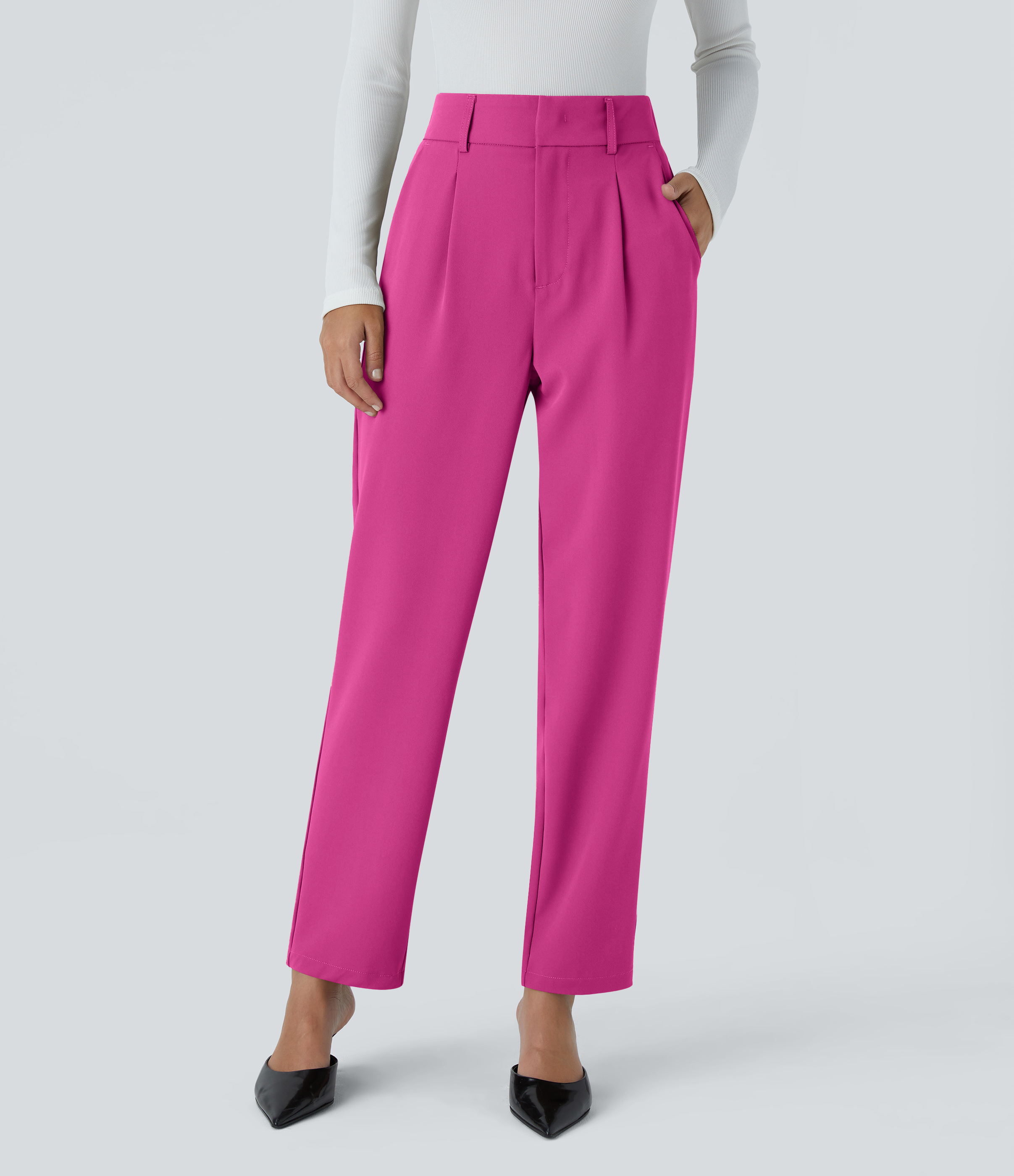 High Waisted Pocket Solid Women Suit Work Tapered Pants