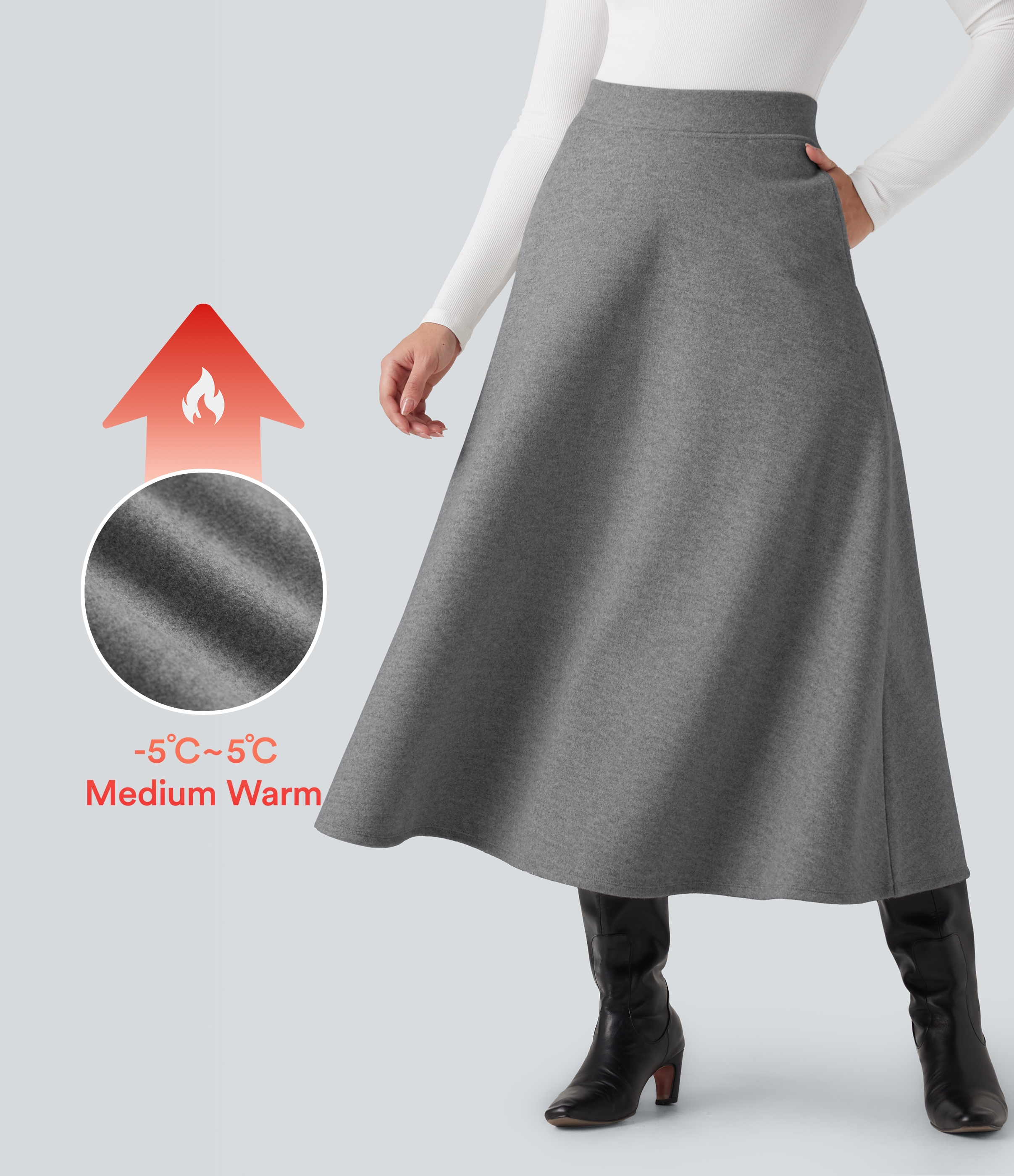 Lässiger Fleece-Midirock in A-Linien mit hohem Bund und Seitentaschen