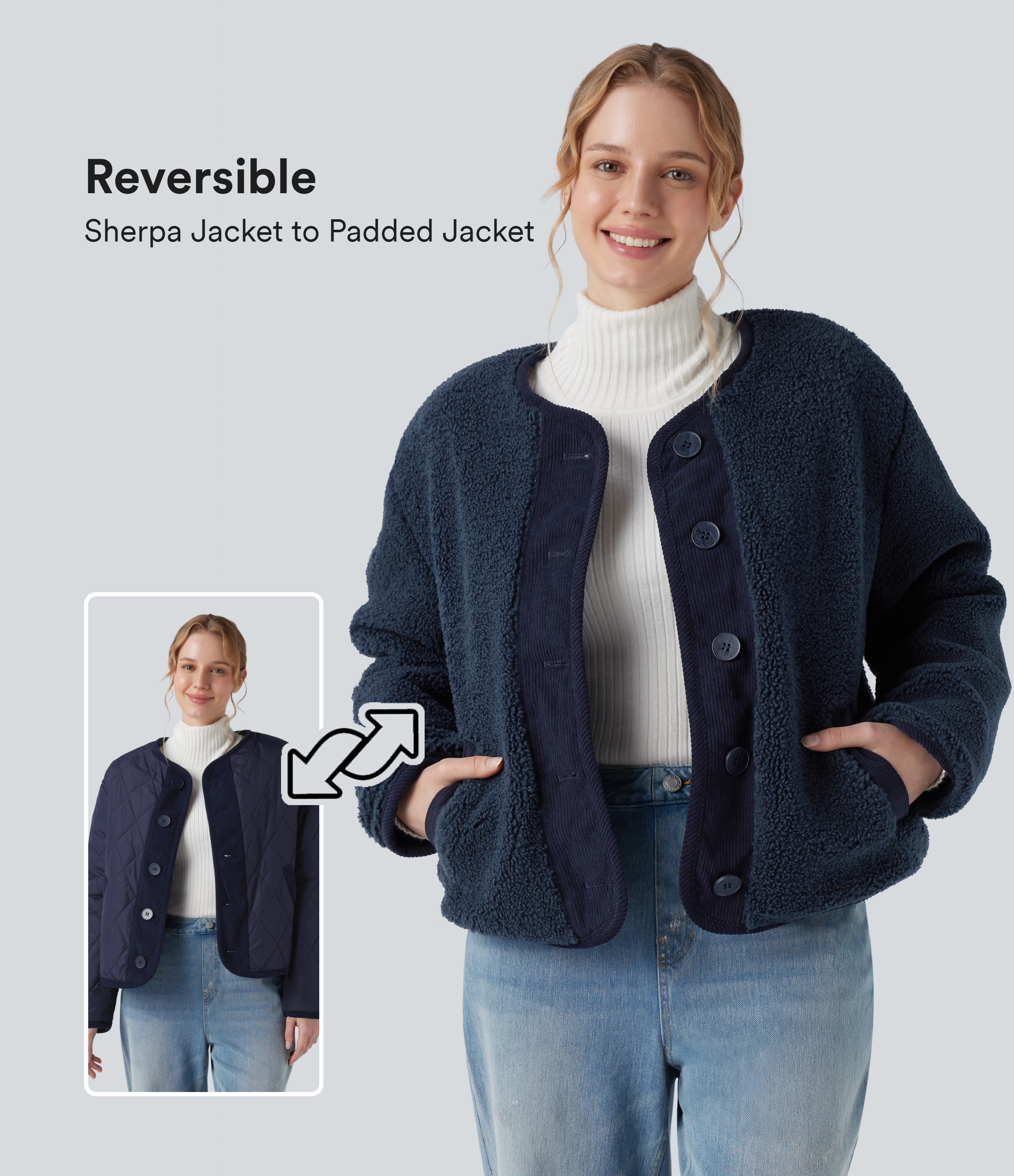 Sherpa-Jacke mit Seitentaschen und langen Ärmeln - beidseitig tragbar (Zwei Looks in einem)