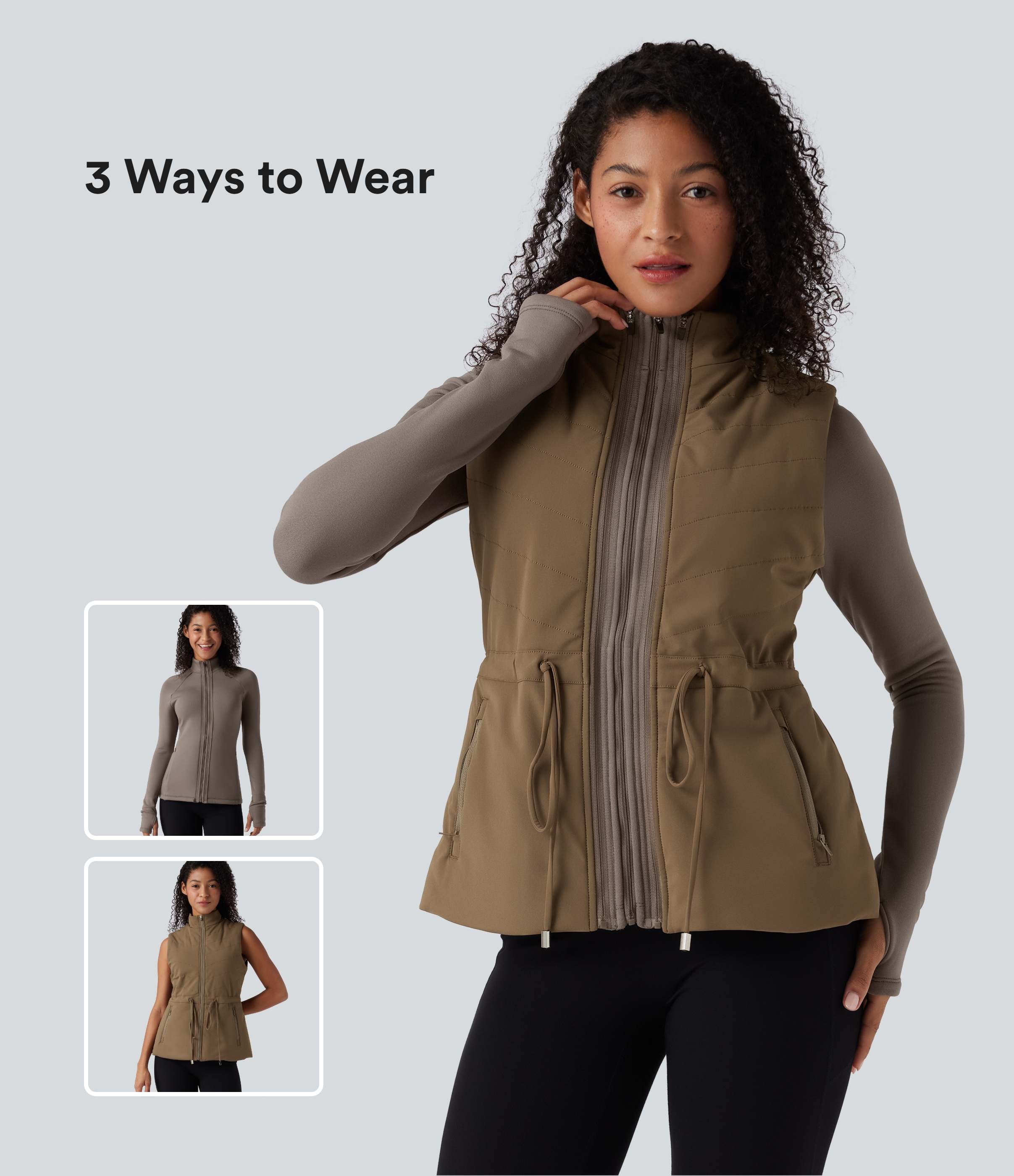 PuffFlex 3-in-1 High-Neck Long Sleeve Thumb Holes Fleece Jacket &Quilted Vest with Pockets