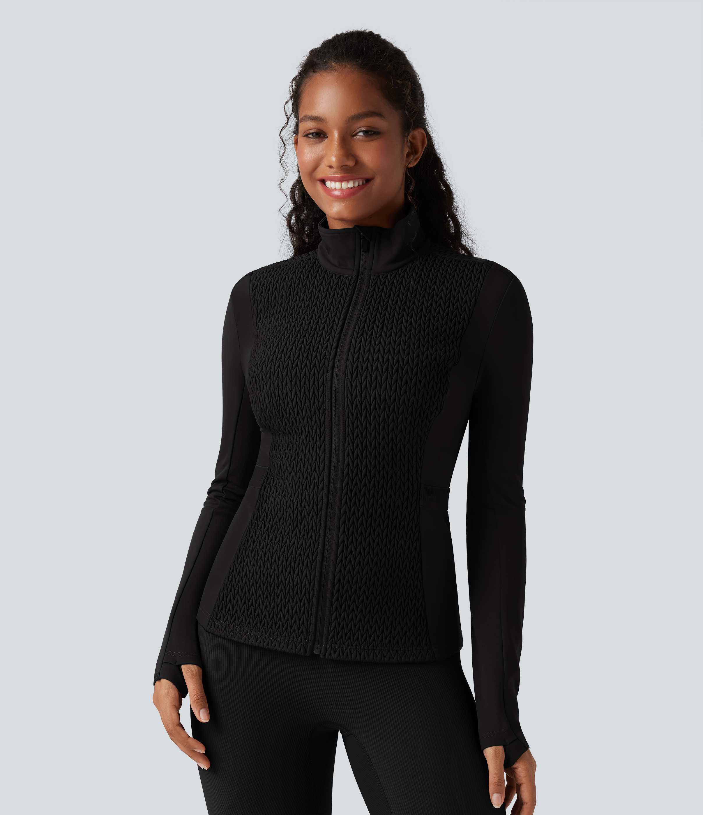 Stand Collar Long Sleeve Thumb Holes Shirred Workout Padded Jacket with Pockets