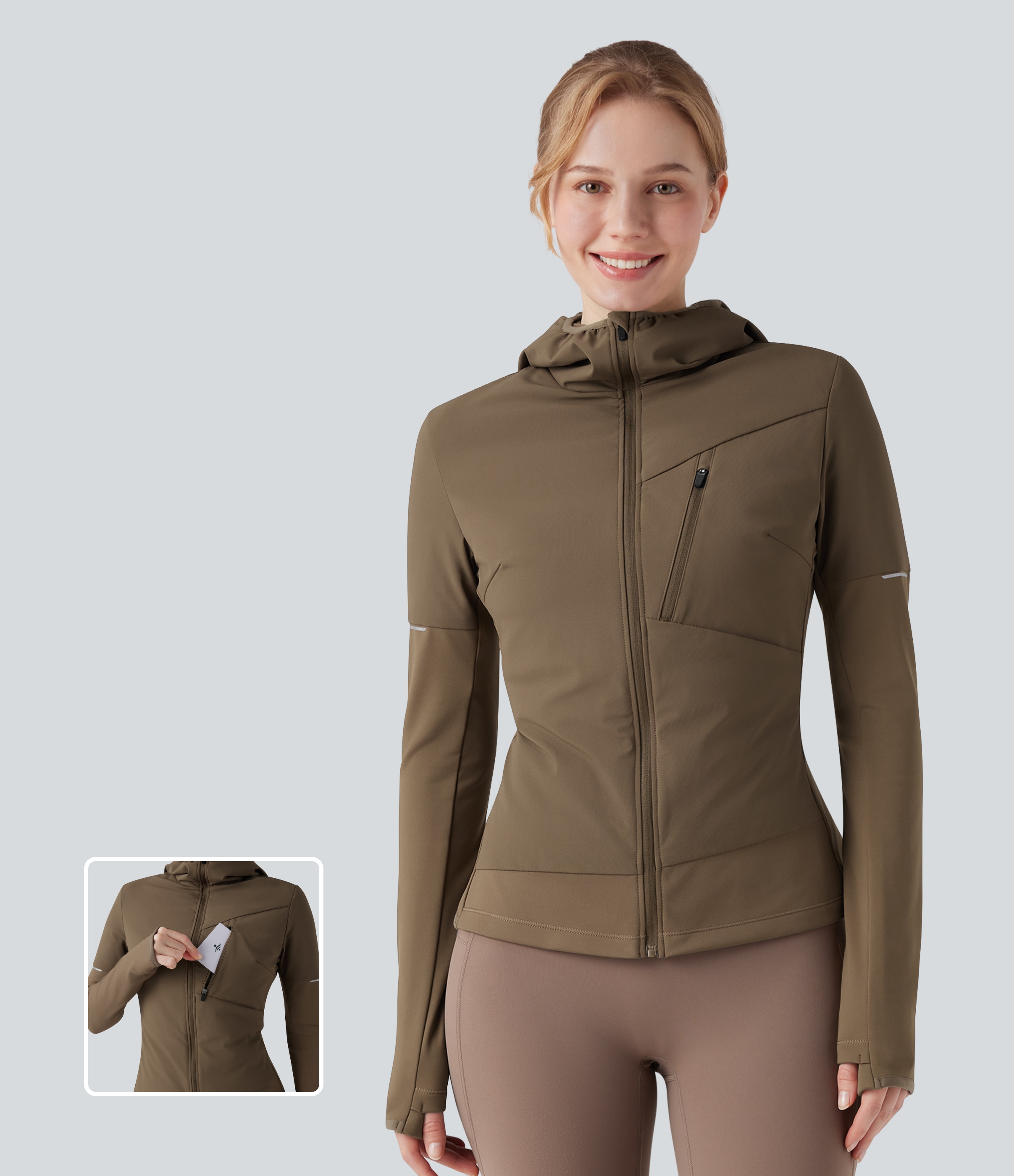 Hooded Zipper Long Sleeve Thumb Hole Running Down Jacket with Pocket