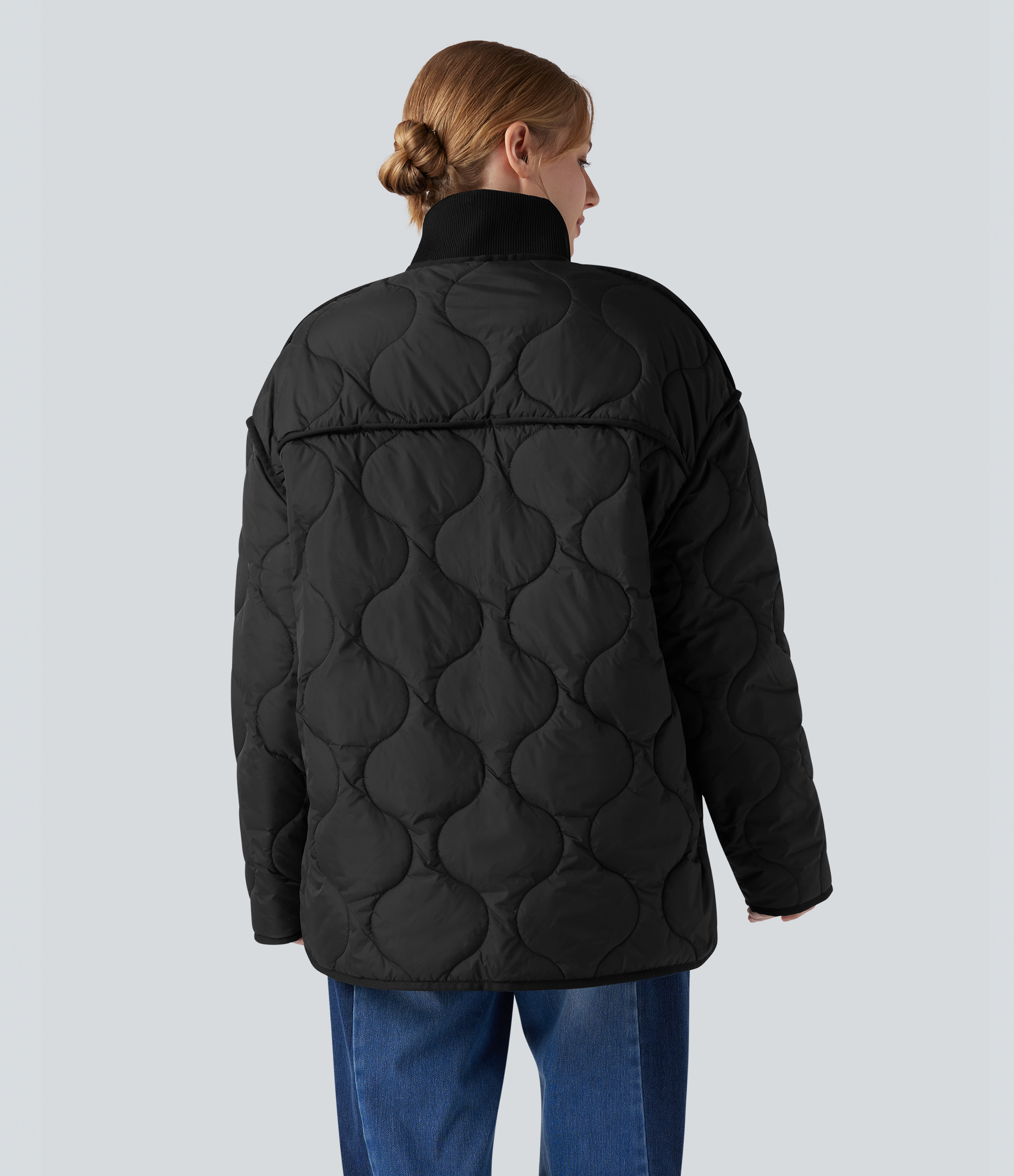 Black High Neck Zipper Long Sleeve Casual Quilted Jacket with Pockets / 2