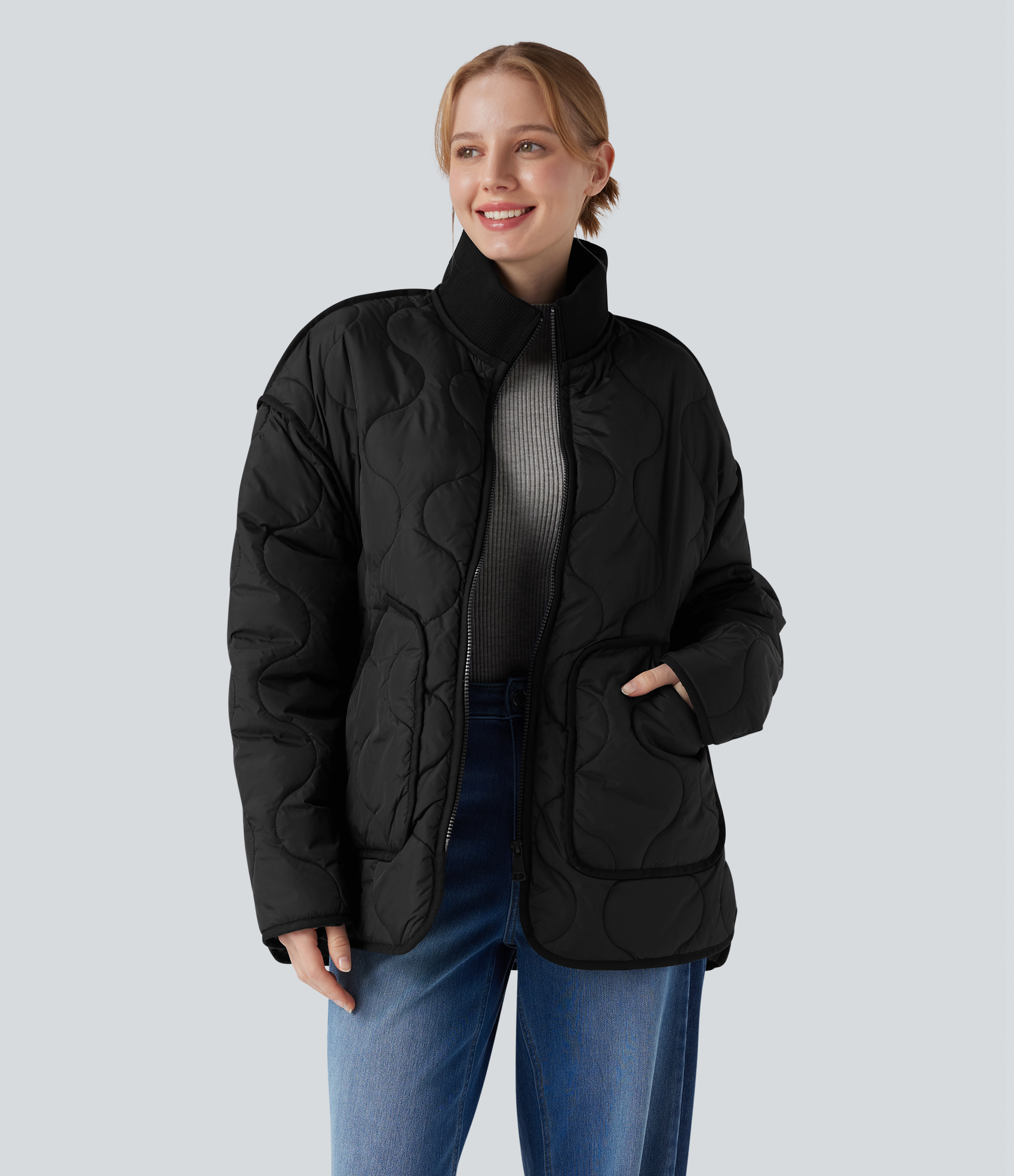 High Neck Zipper Long Sleeve Casual Quilted Jacket with Pockets