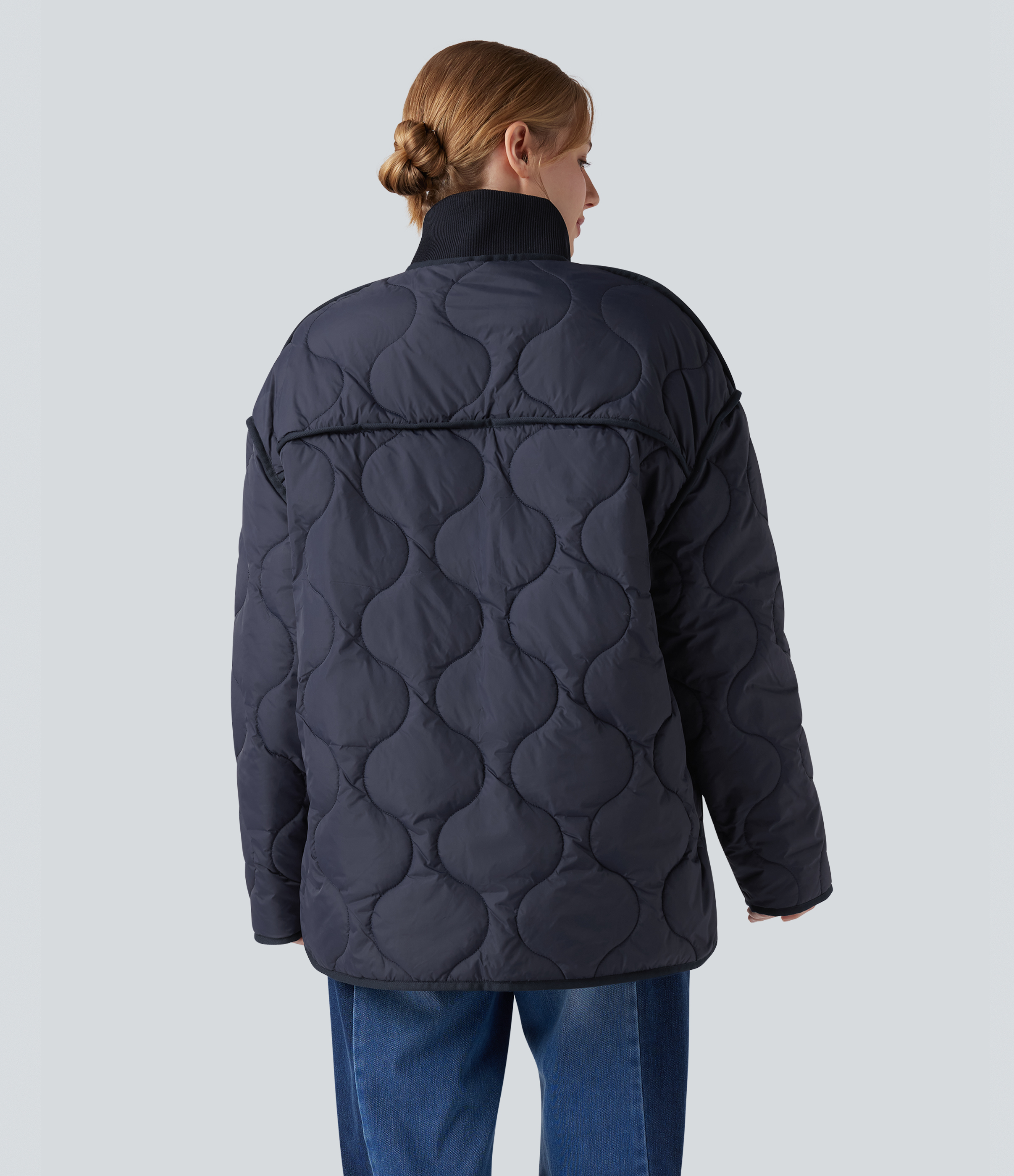 Mountain Blue High Neck Zipper Long Sleeve Casual Quilted Jacket with Pockets / 2
