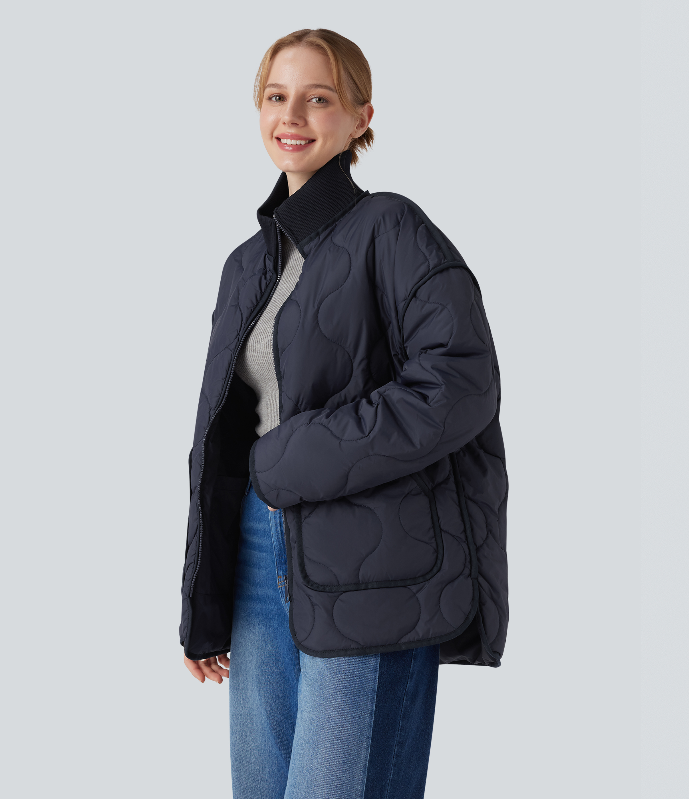 High Neck Zipper Long Sleeve Casual Quilted Jacket with Pockets