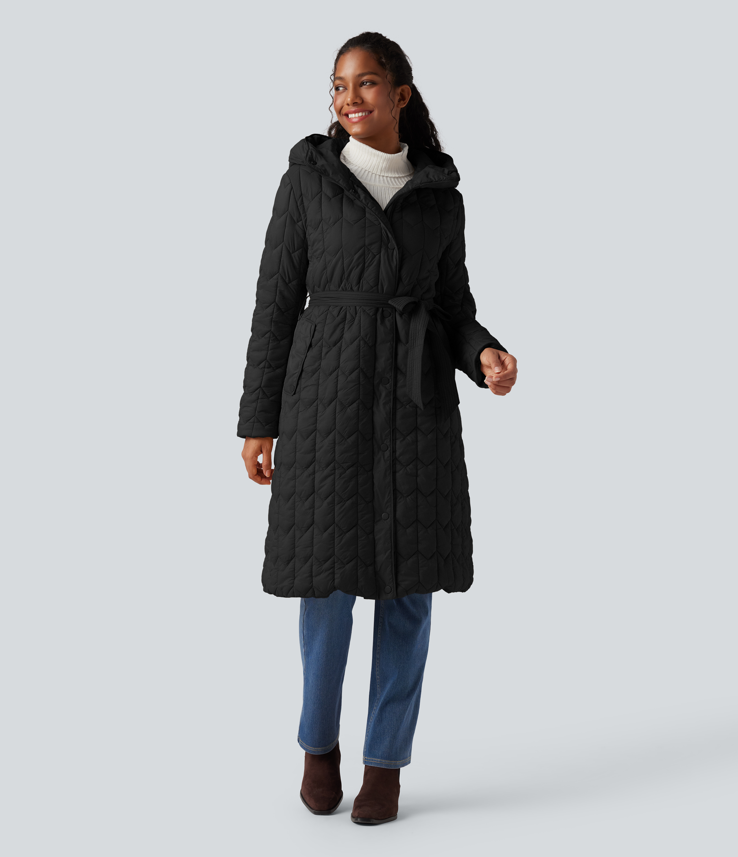 Hooded Belted Longline Casual Quilted Jacket with Pockets