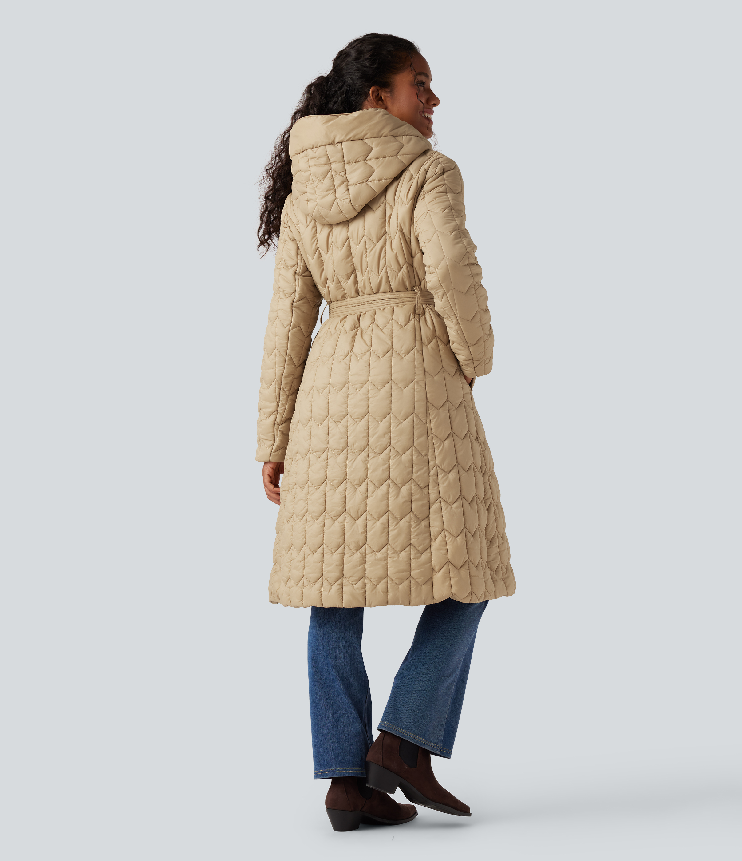 Khaki Hooded Belted Longline Casual Quilted Jacket with Pockets / 2