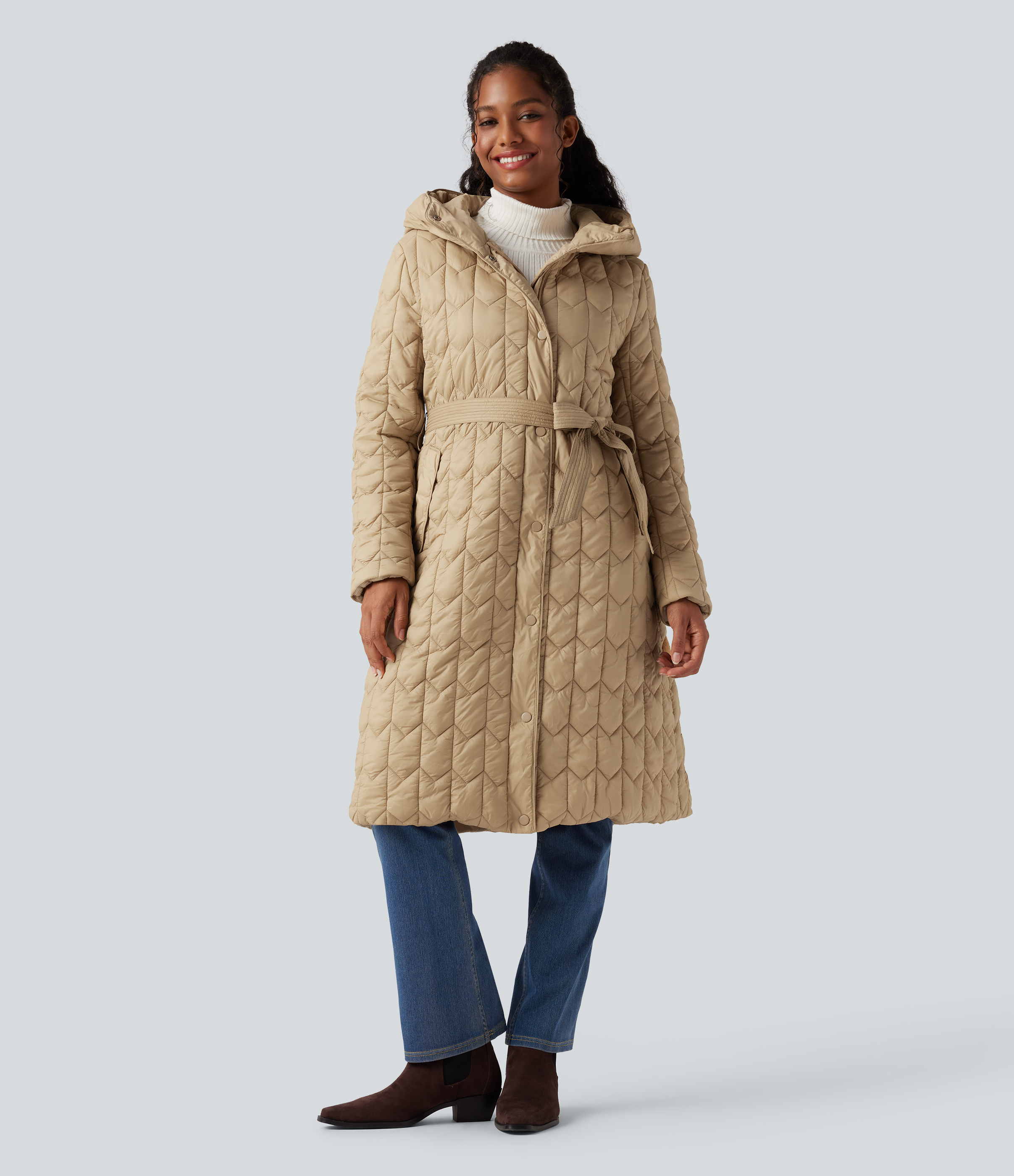 Hooded Belted Longline Casual Quilted Jacket with Pockets