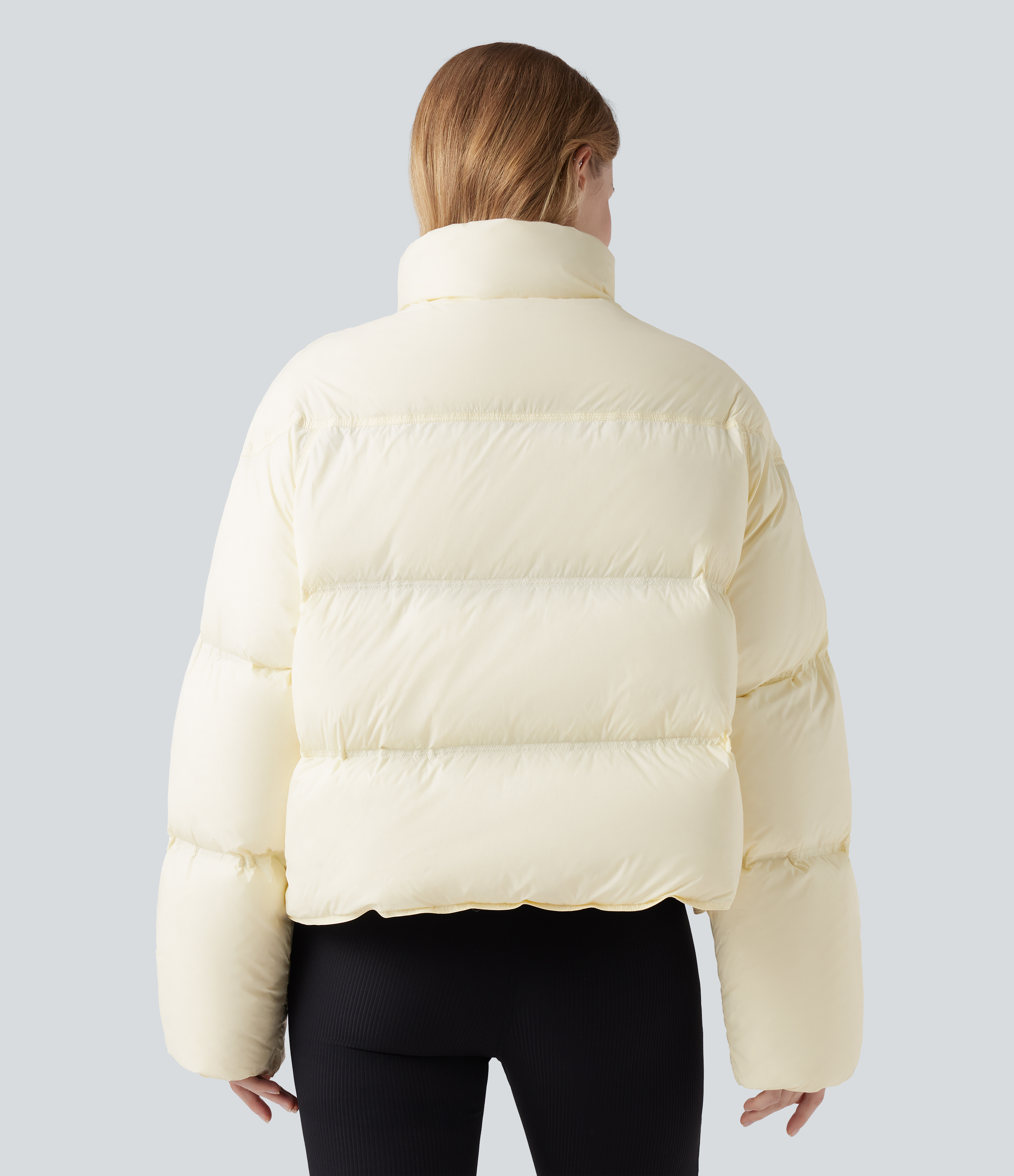 Cheese White Stand Collar Drawstring Hem Casual Puffer Down Jacket with Pockets / 2