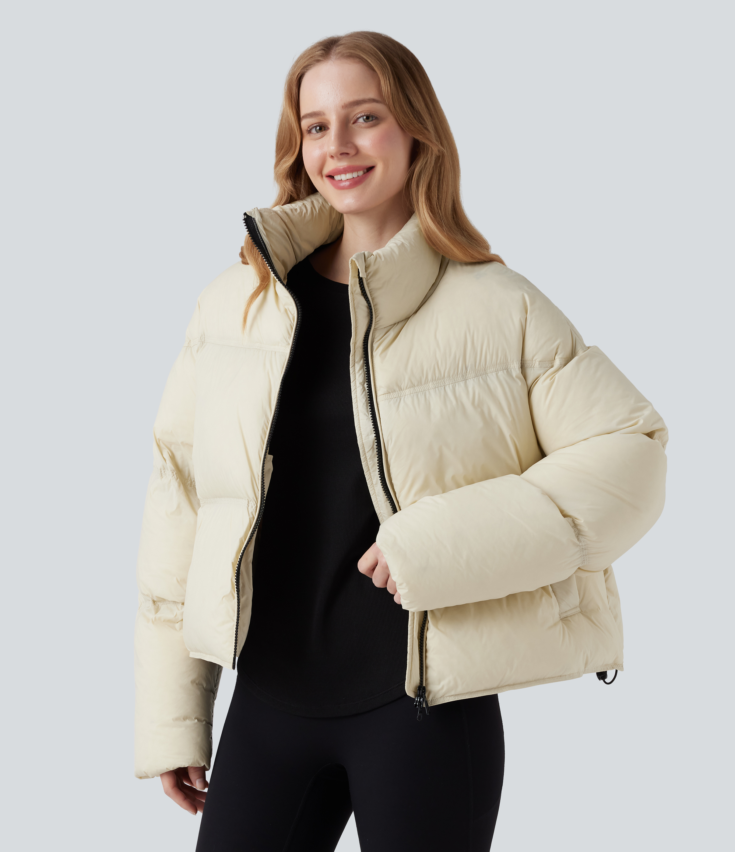 Stand Collar Drawstring Hem Casual Puffer Down Jacket with Pockets