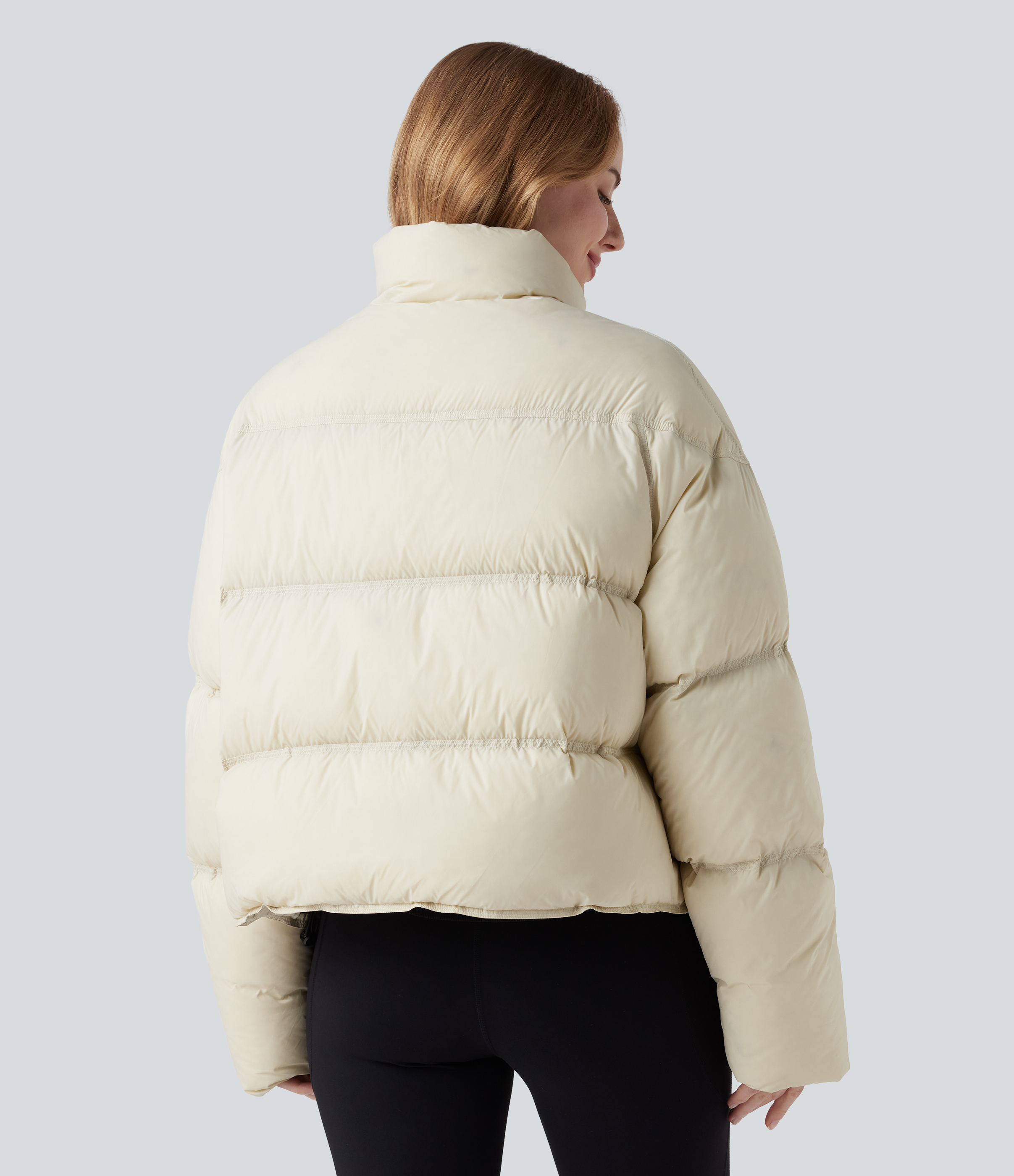 Misty Yellow Stand Collar Drawstring Hem Casual Puffer Down Jacket with Pockets / 2