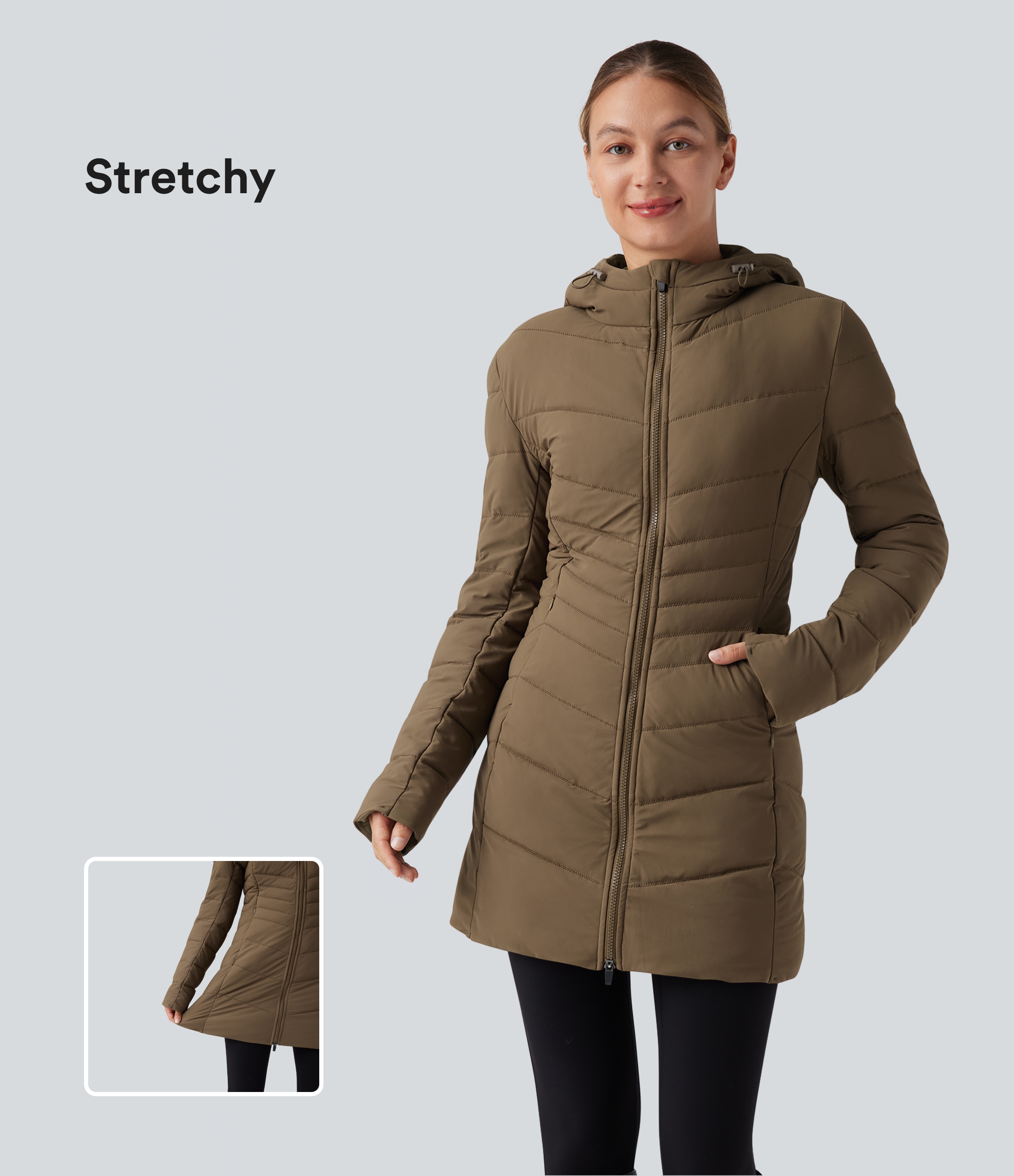 PuffFlex Hooded Longline Stretchy Casual Padded Jacket with Pockets
