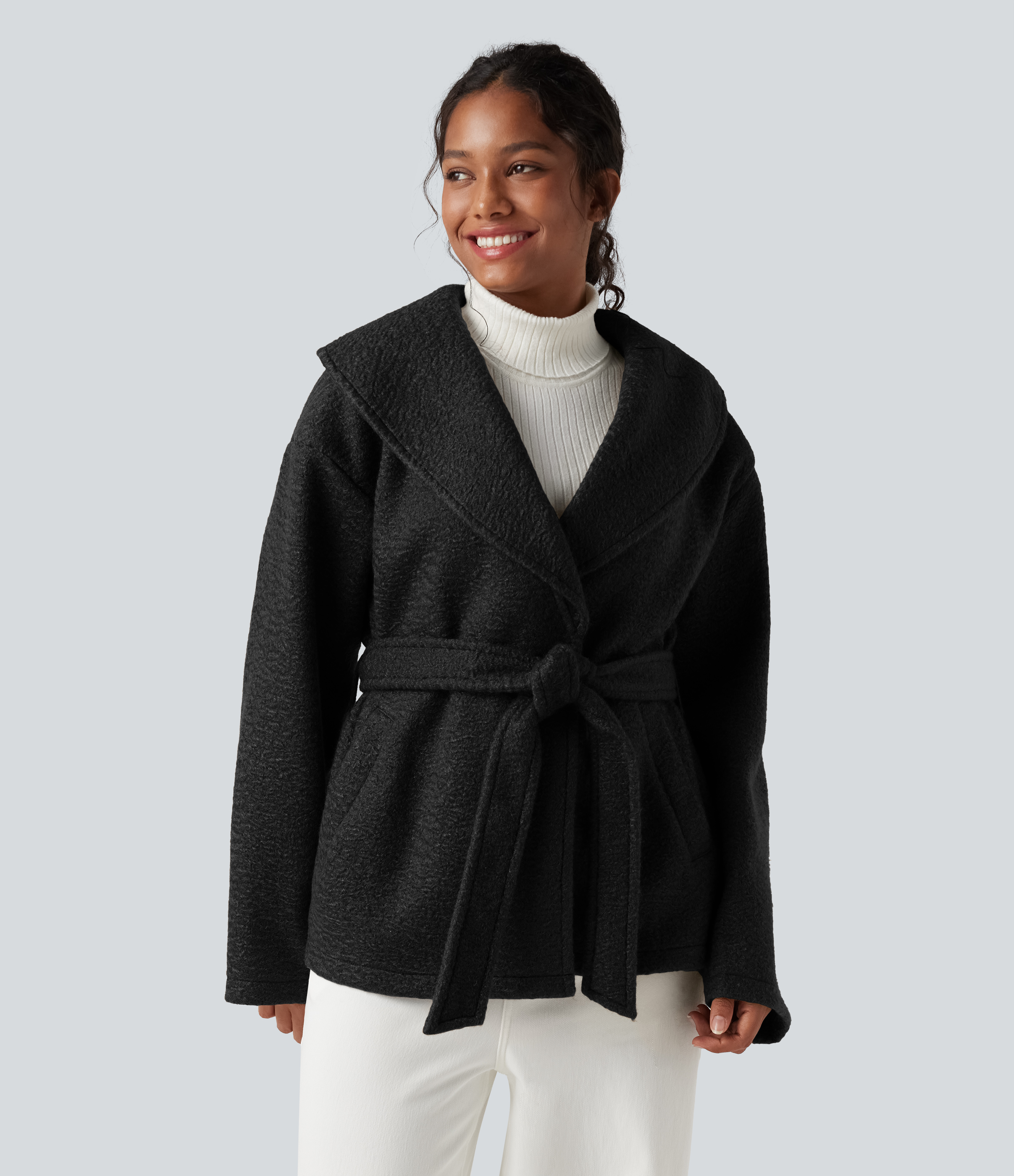 Lapel Belted Casual Coat with Pockets
