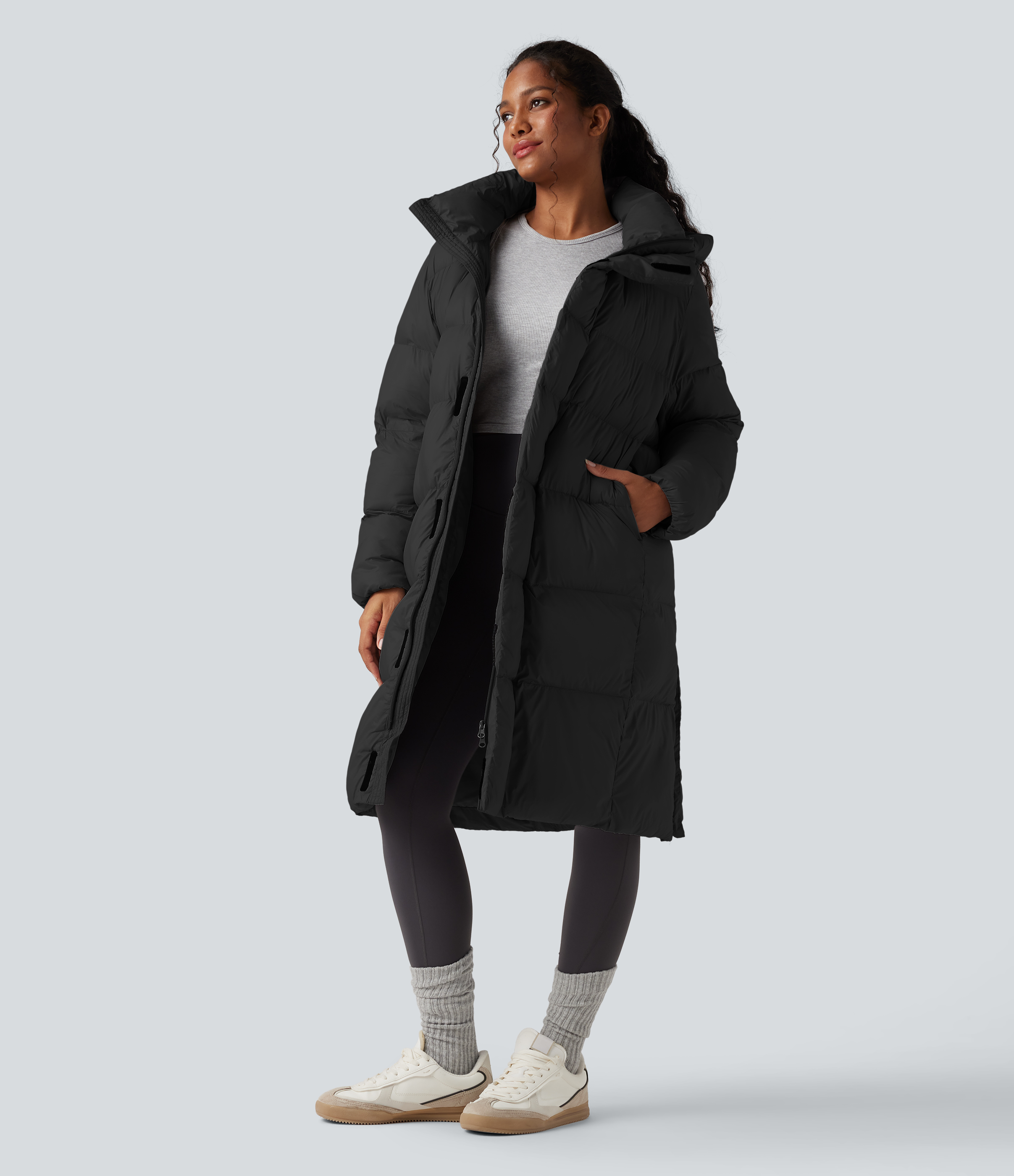 Doudoune longue à capuche zippée à manches longues avec poches