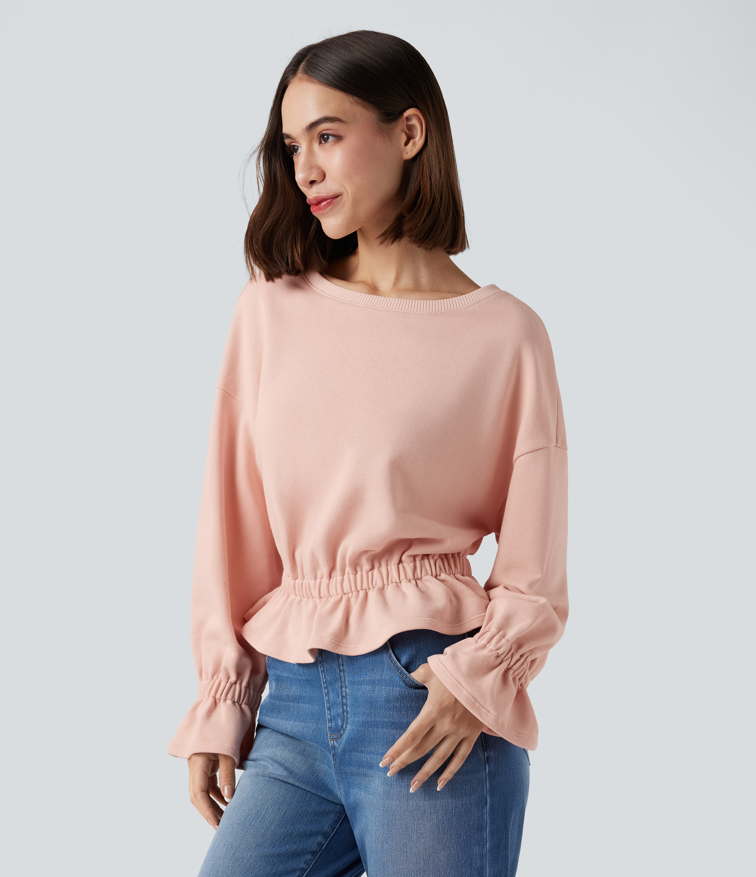 Round Neck Long Sleeve Ruffle Hem Casual Cotton Sweatshirt