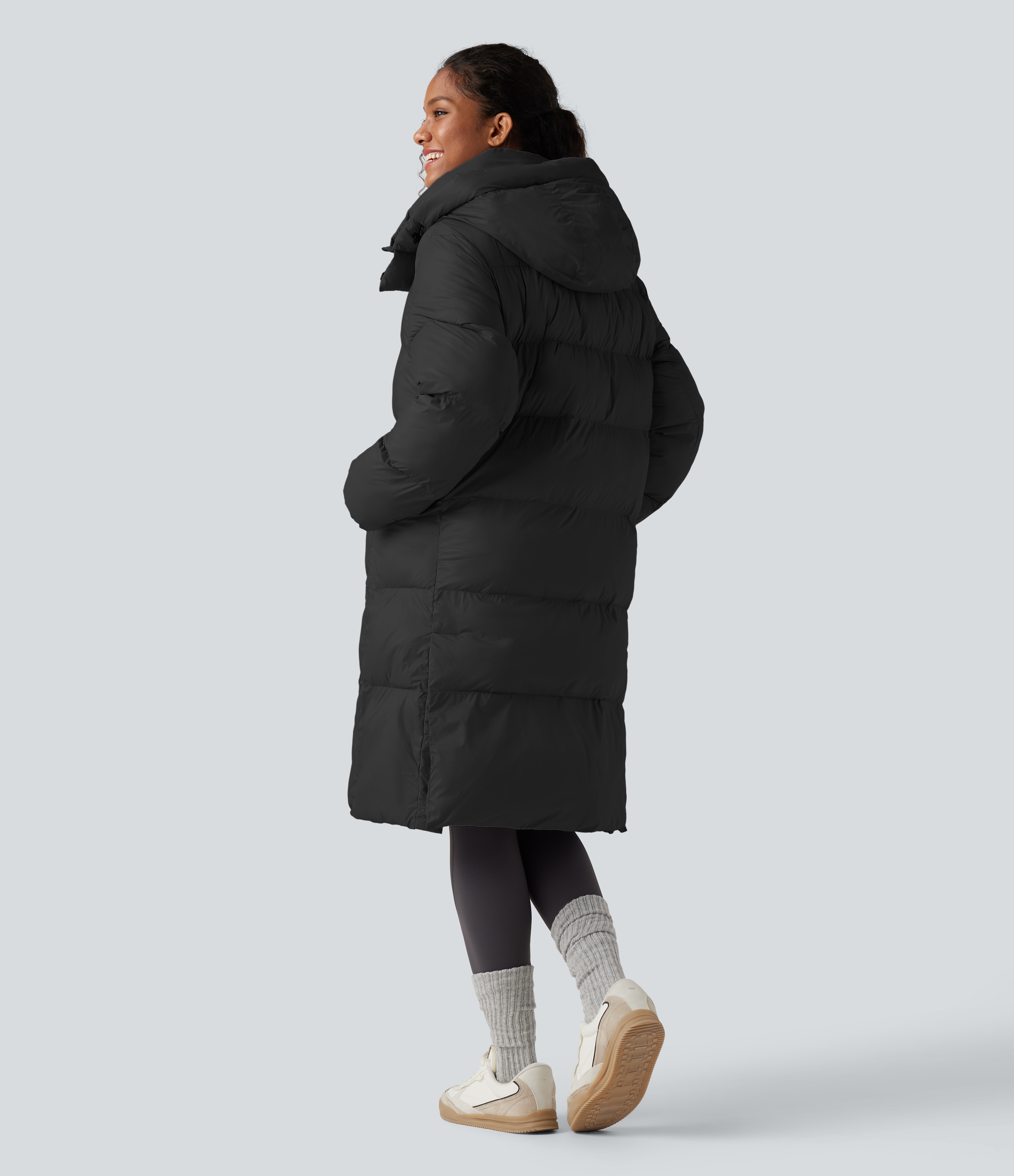 Black Hooded Long Sleeve Zipper Longline Casual Puffer Jacket with Pockets / 2