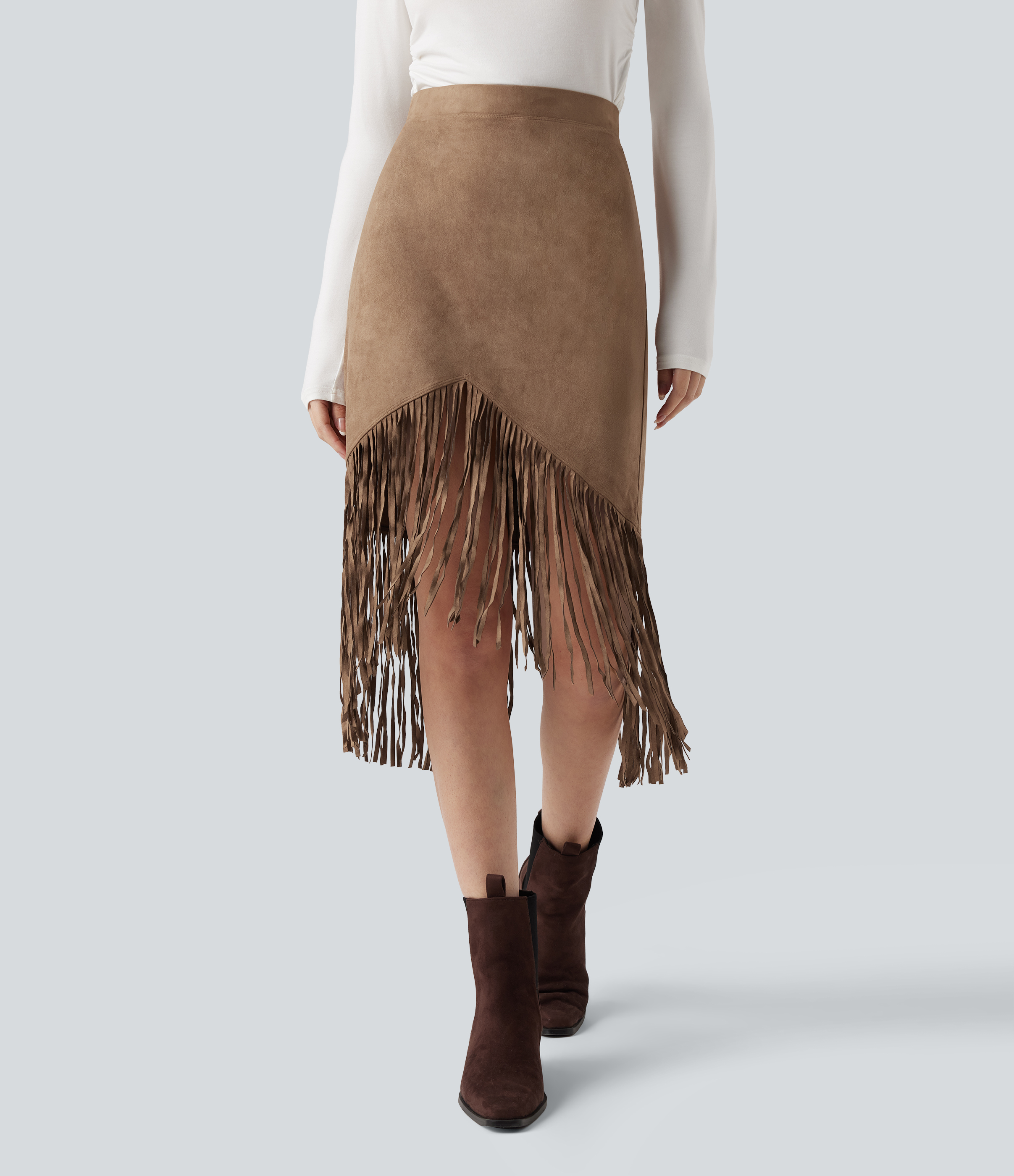 High Waisted Fringe Hem Suede Midi Party Skirt