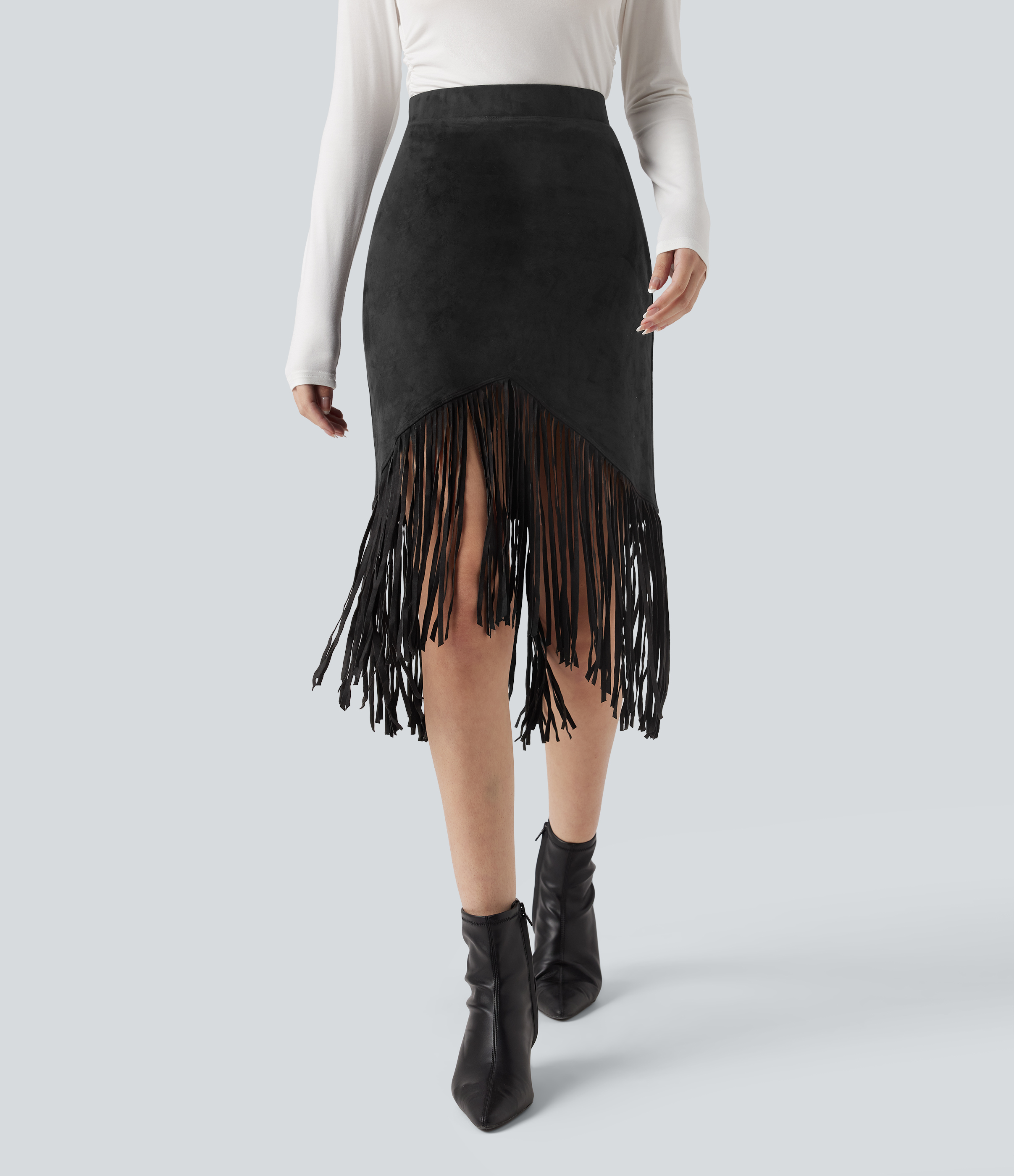 Women's High Waisted Fringe Hem Suede Midi Party Skirt - Halara