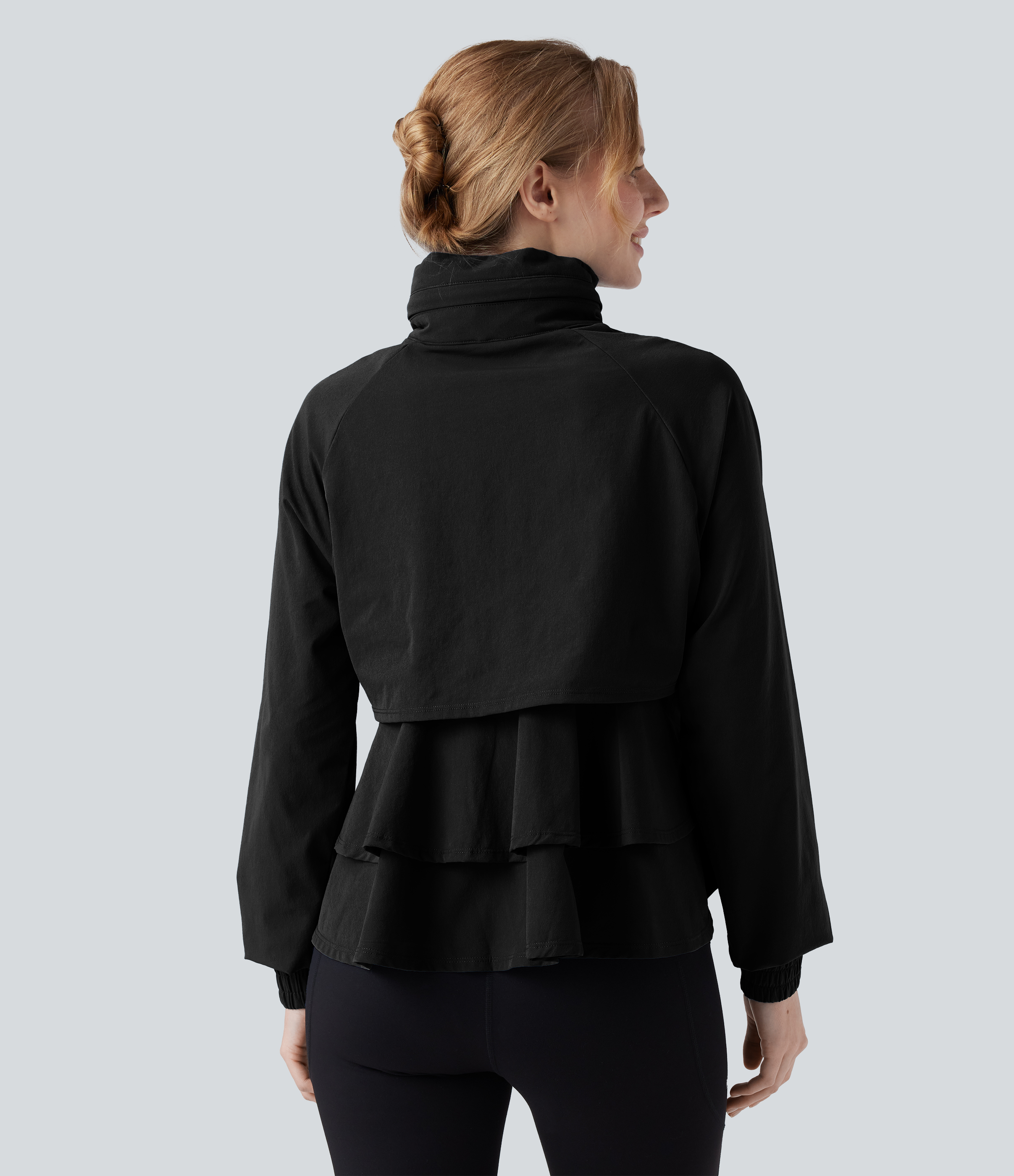 Stowable Hood Drawstring Contrast Mesh Ruffle Hem Workout Jacket with Pocket