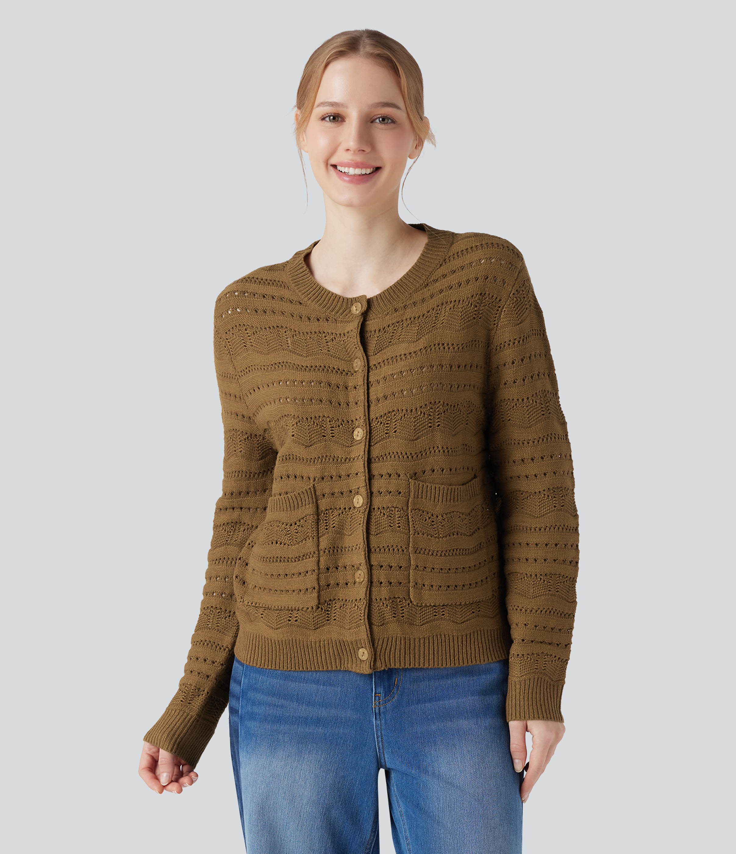 Round Neck Long Sleeve Button Fly Hollow Out Work Cardigan with Pockets