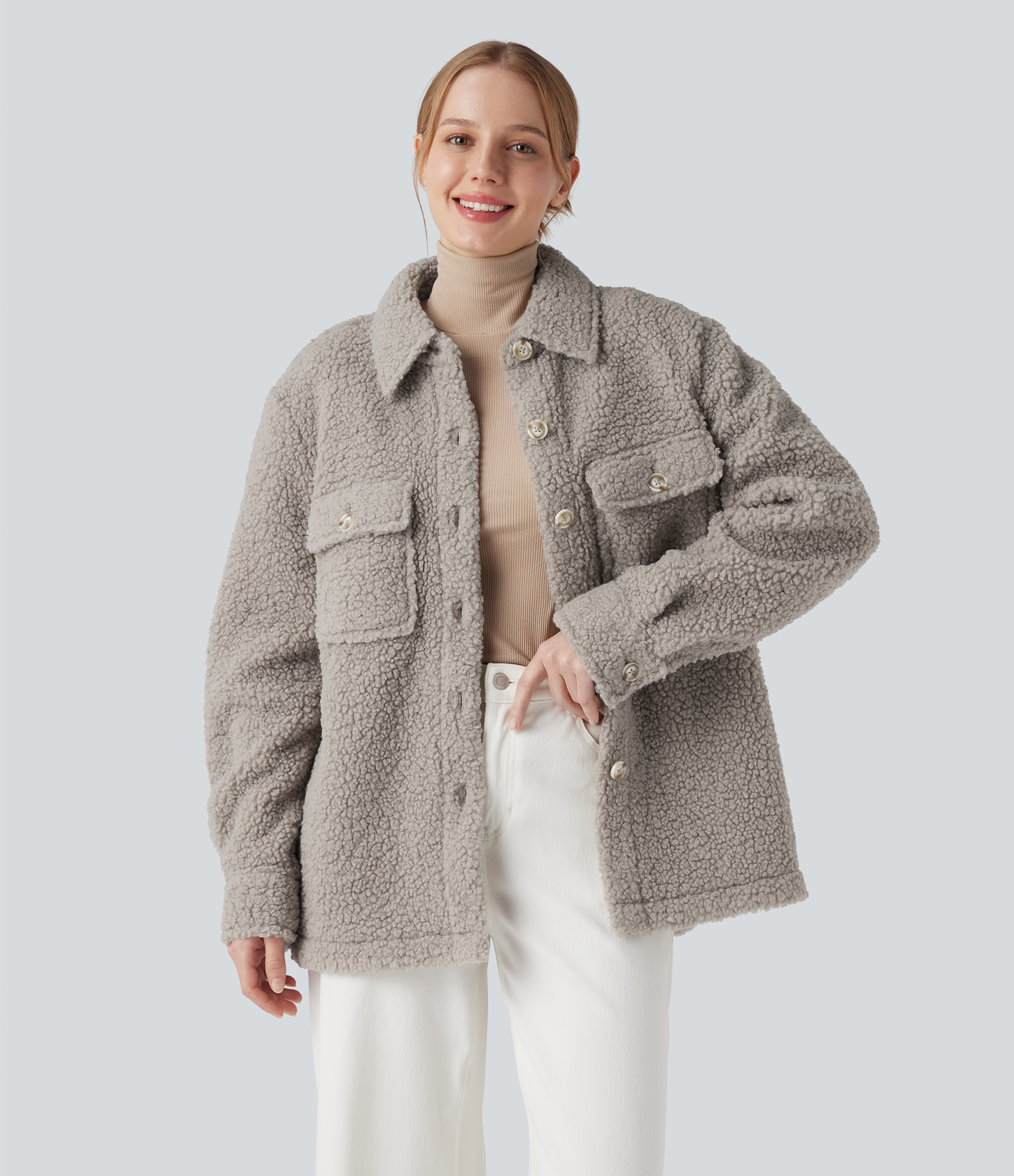 Long Sleeve Casual Sherpa Jacket with Pockets