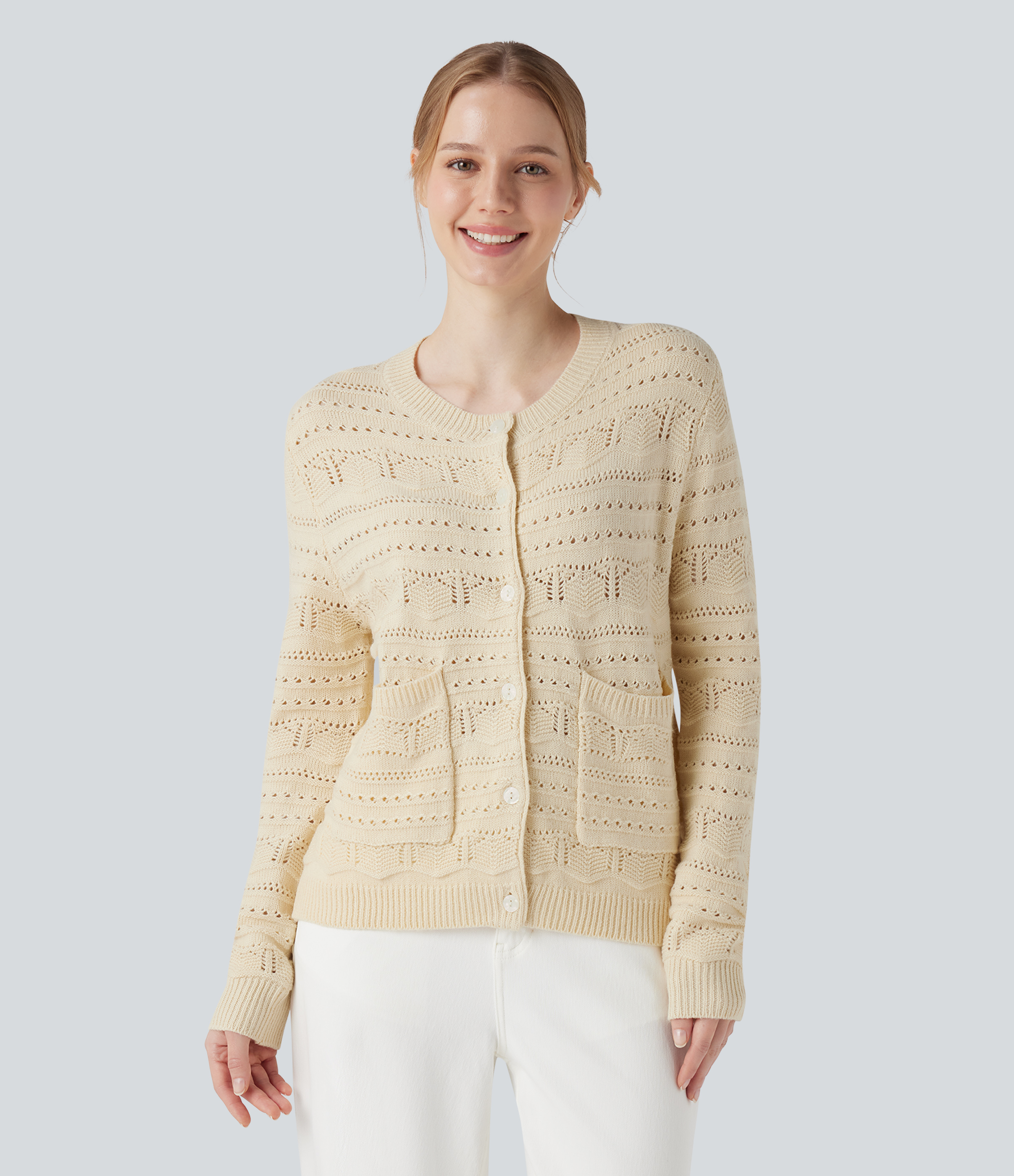 Round Neck Long Sleeve Button Fly Hollow Out Work Cardigan with Pockets