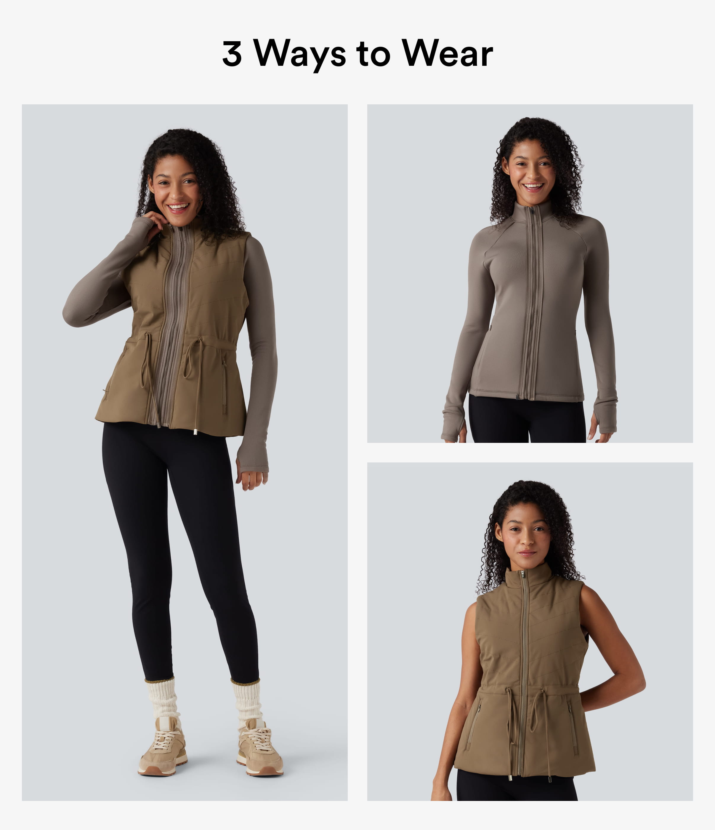Walnut Chaqueta polar 3 en 1 de cuello alto, mangas largas con agujeros para los pulgares y chaleco acolchado con bolsillos / 2