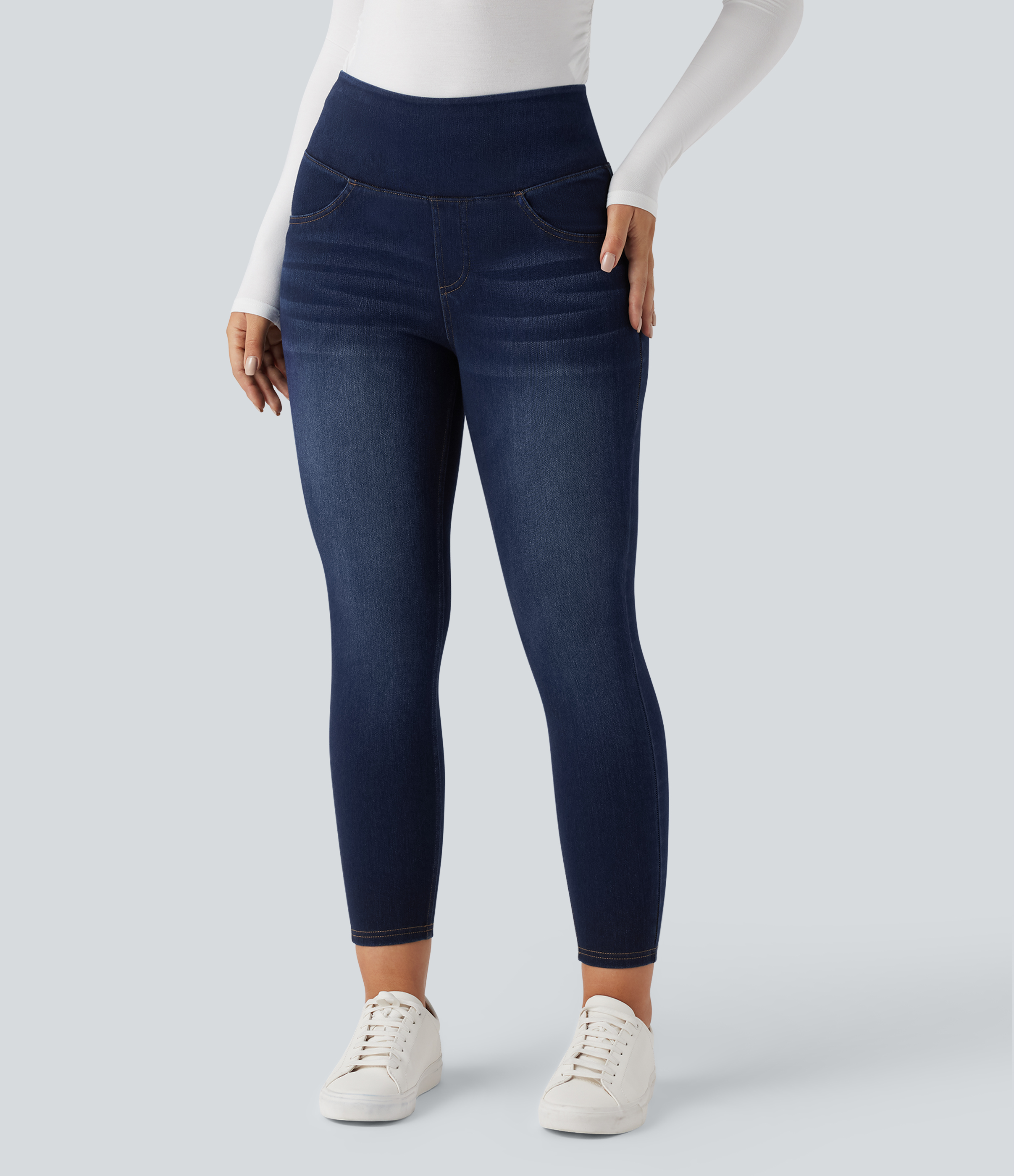 Pageant Blue Denim Halara Flex™ leggings casuales de denim de talle alto, control abdominal y realce de glúteos, con bolsillos / 2