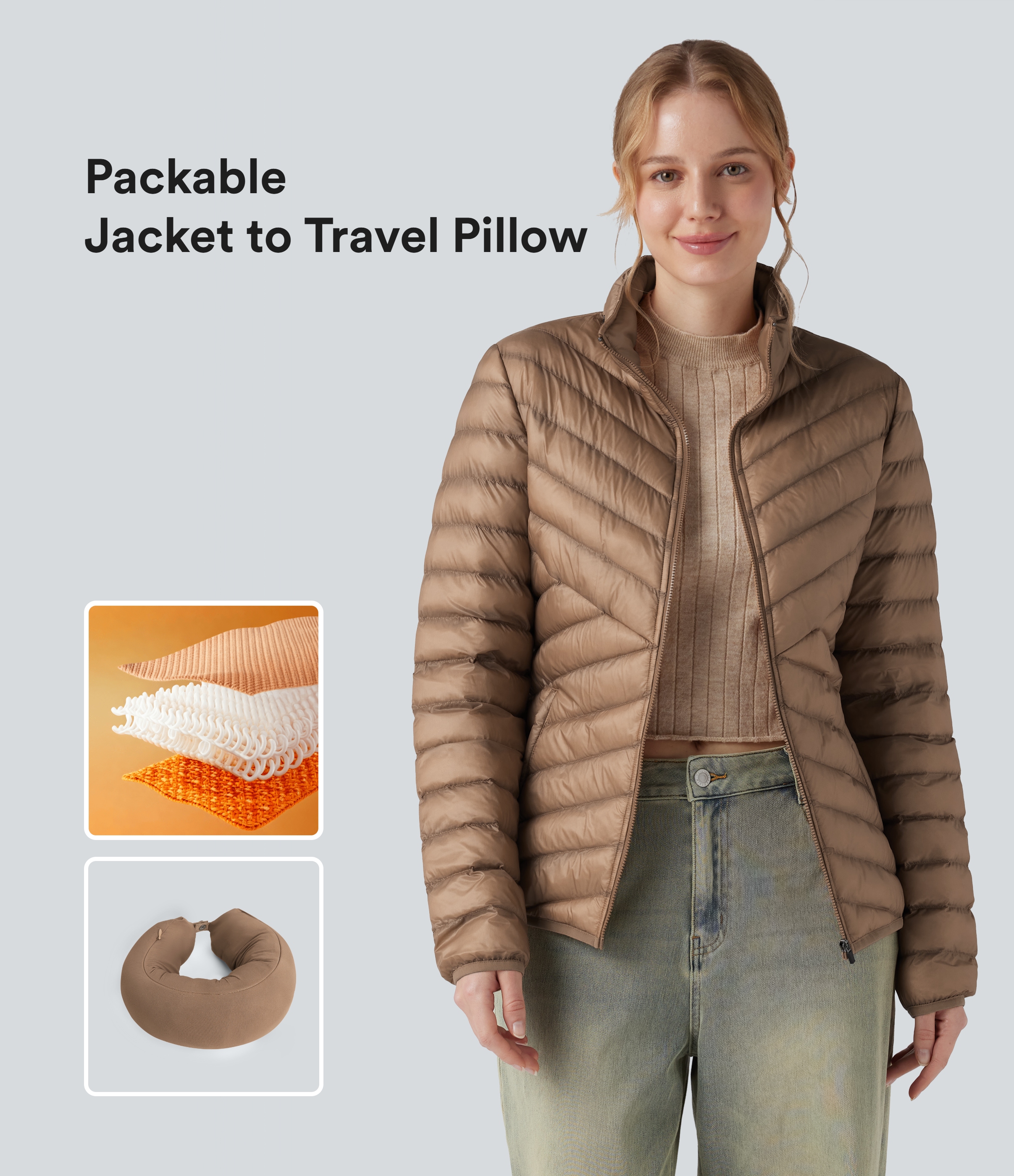 Packable Stand Collar Long Sleeve Zipper Casual Synthetic Down Jacket with Pockets