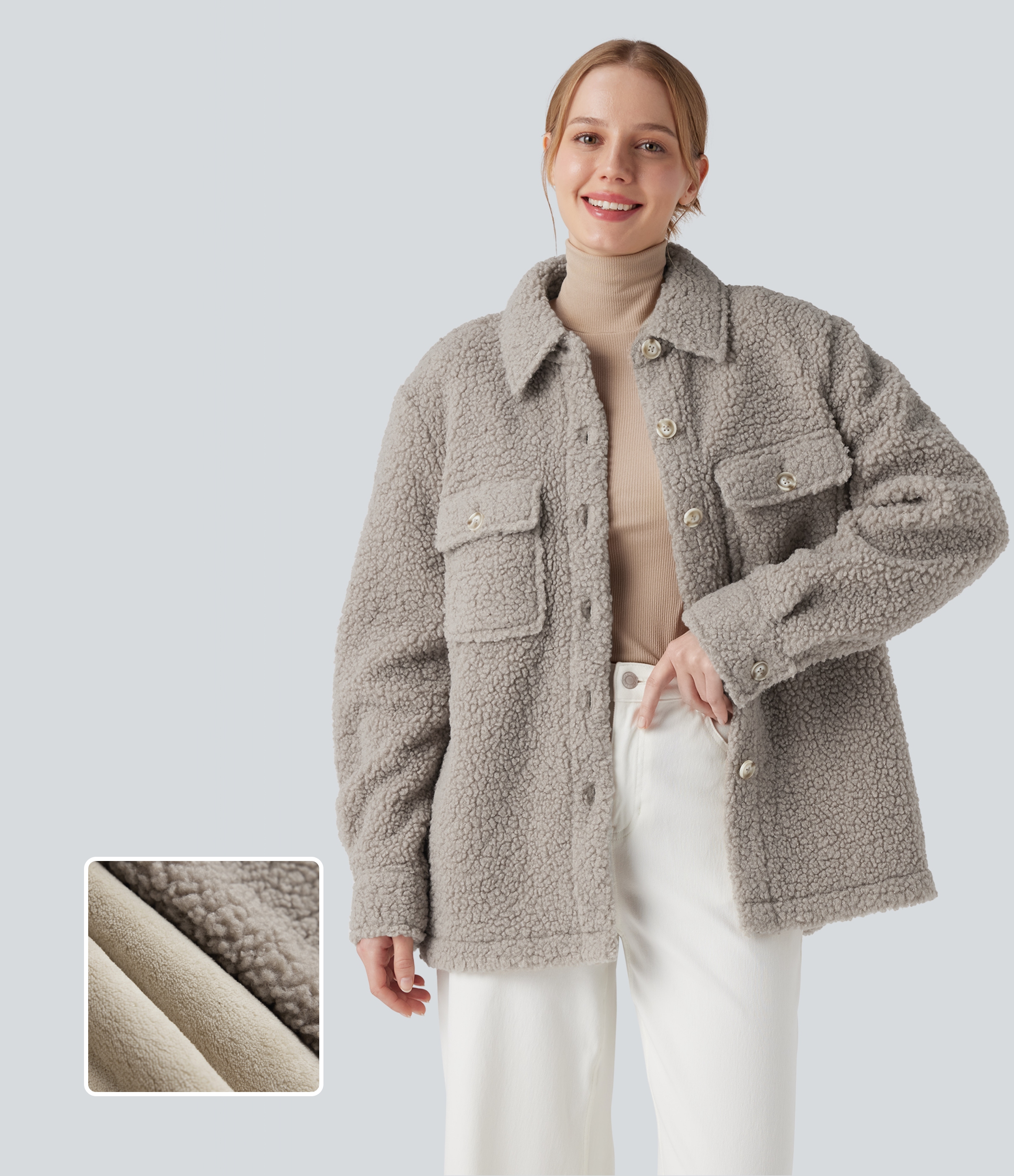 Long Sleeve Casual Sherpa Jacket with Pockets