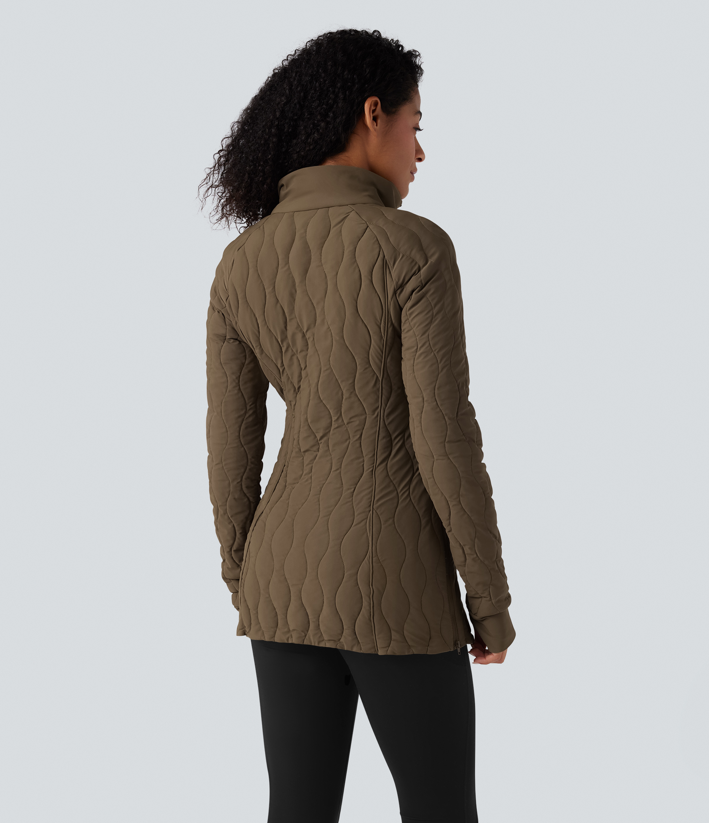 Chestnut Brown PuffFlex High Neck Long Sleeve Thumb Hole Zipper Workout Quilted Jacket with Pockets / 2