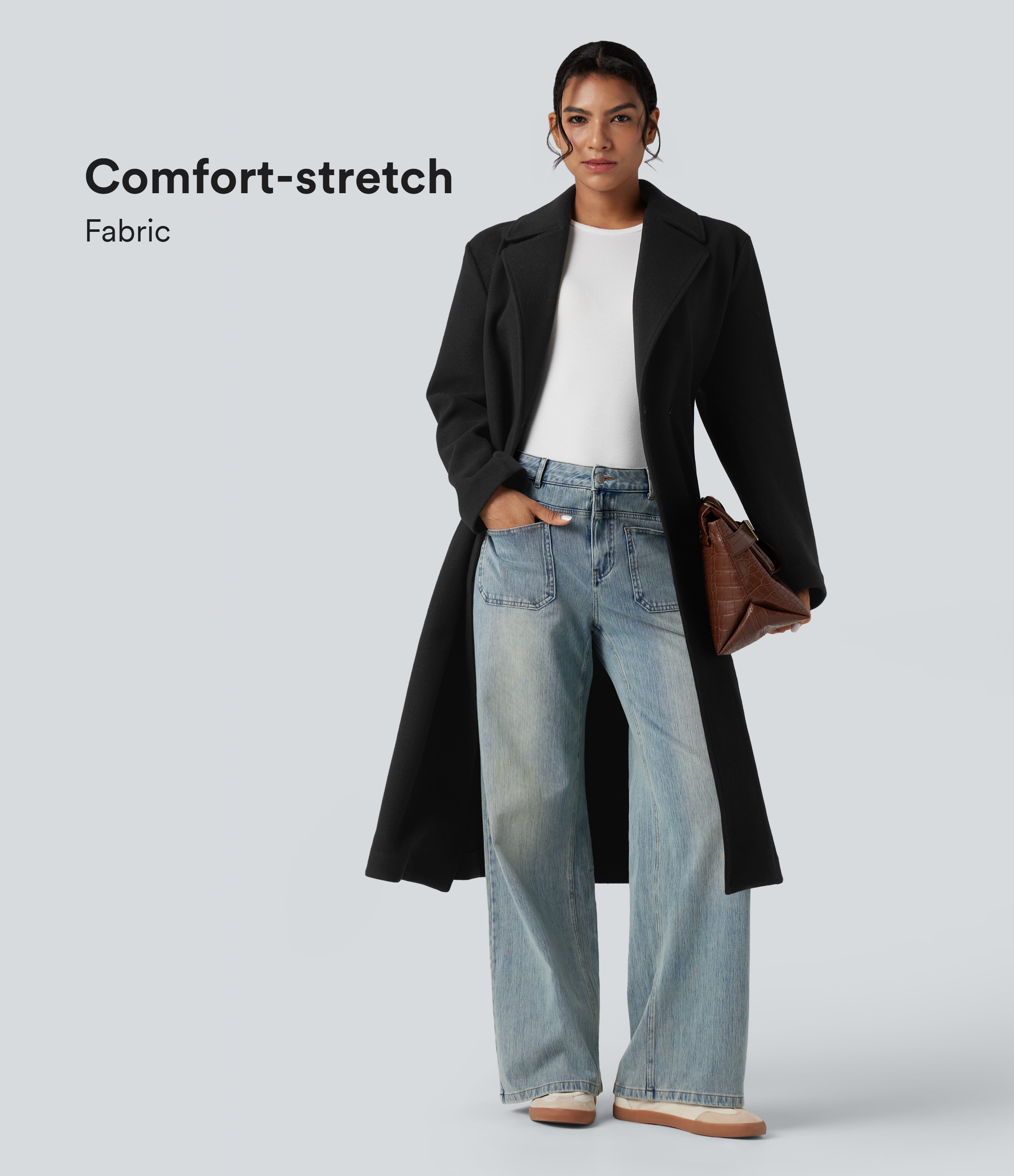 Langer Fleece-Freizeitmantel mit Gürtel und Taschen