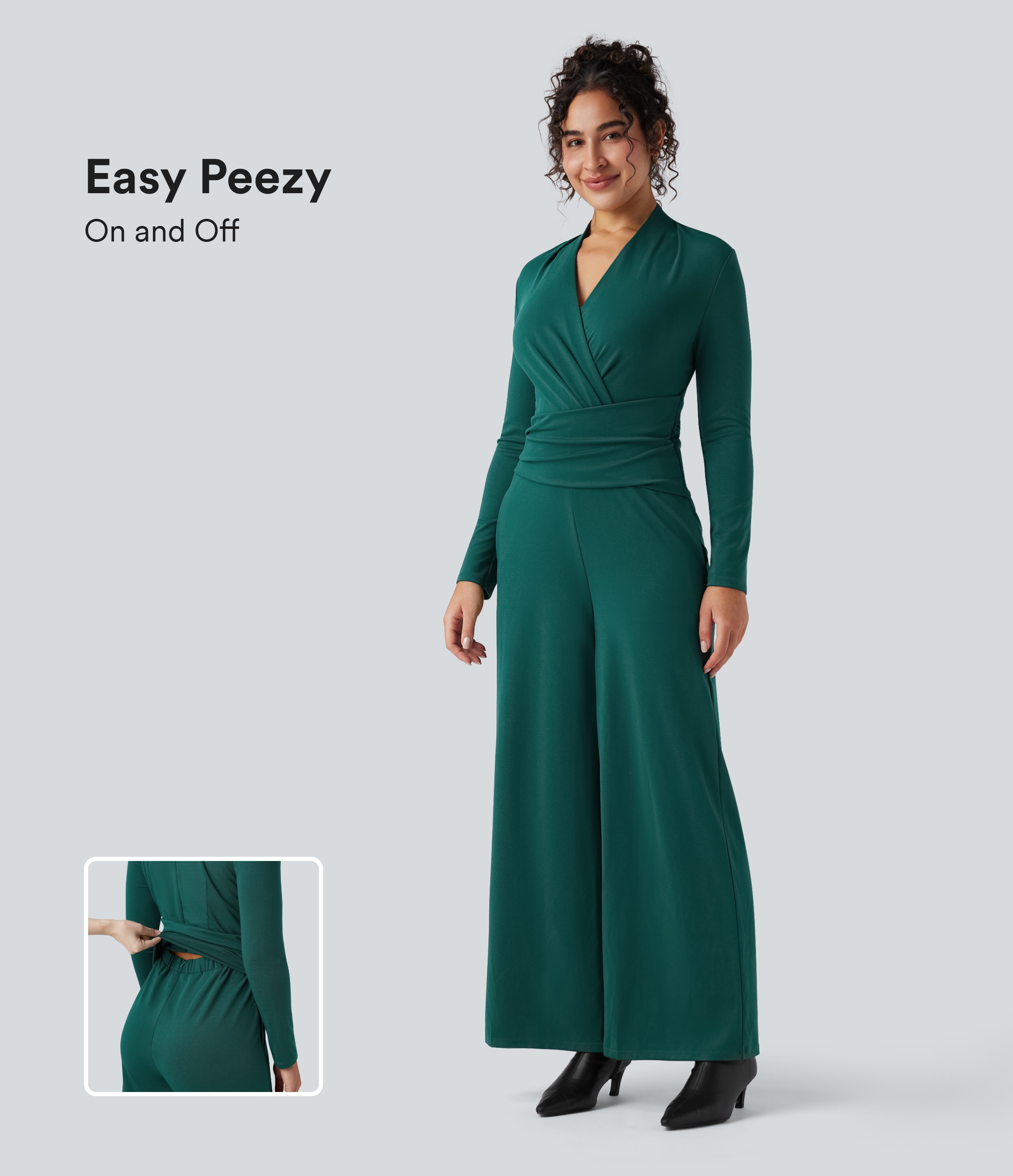 Combinaison de travail à manches longues, col en V, fermeture éclair et poches - Easy Peezy