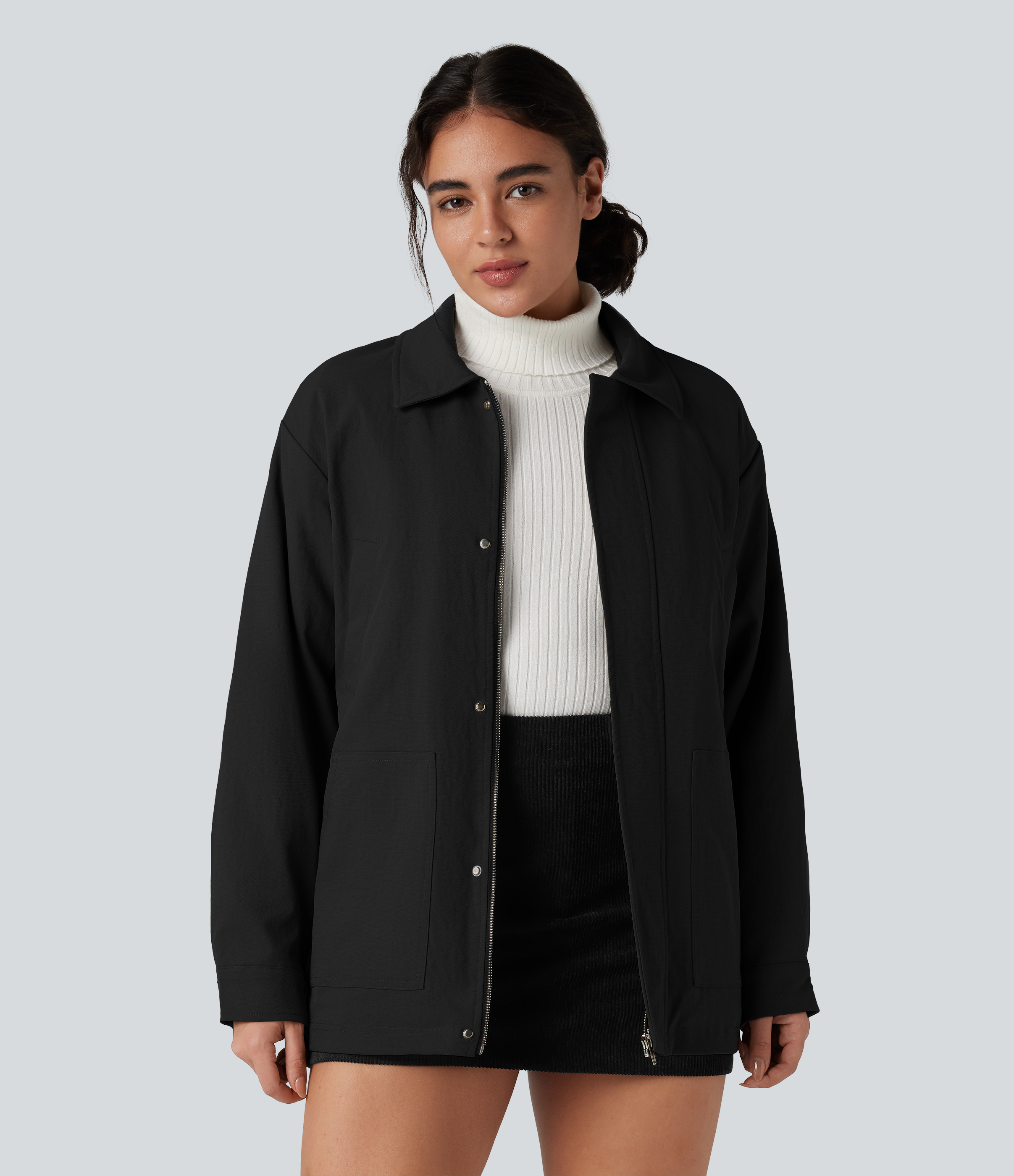 Zipper Long Sleeve Casual Shacket Padded Jacket with Pockets