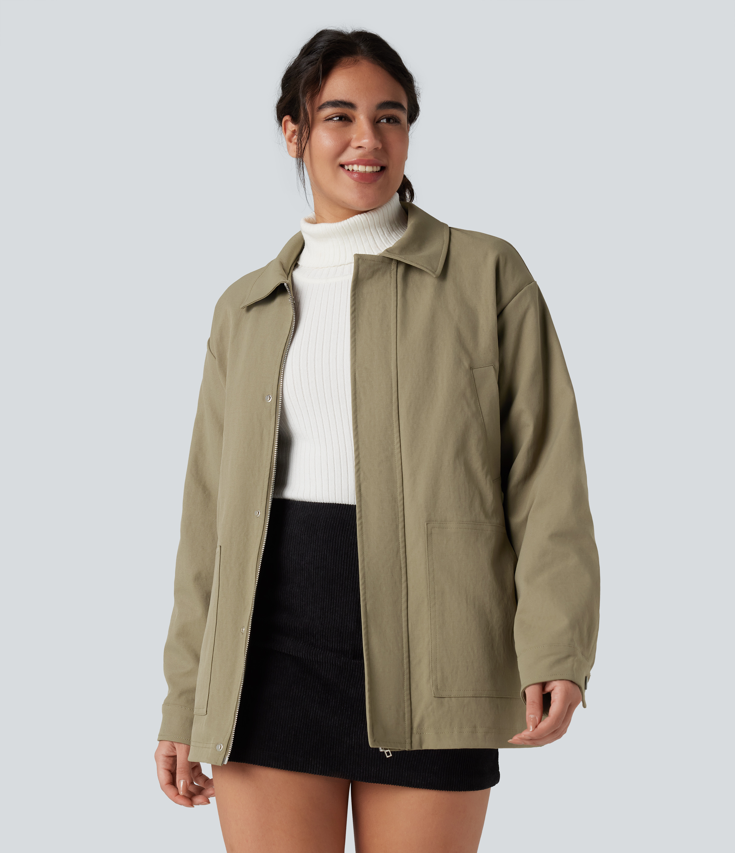 Zipper Long Sleeve Casual Shacket Padded Jacket with Pockets