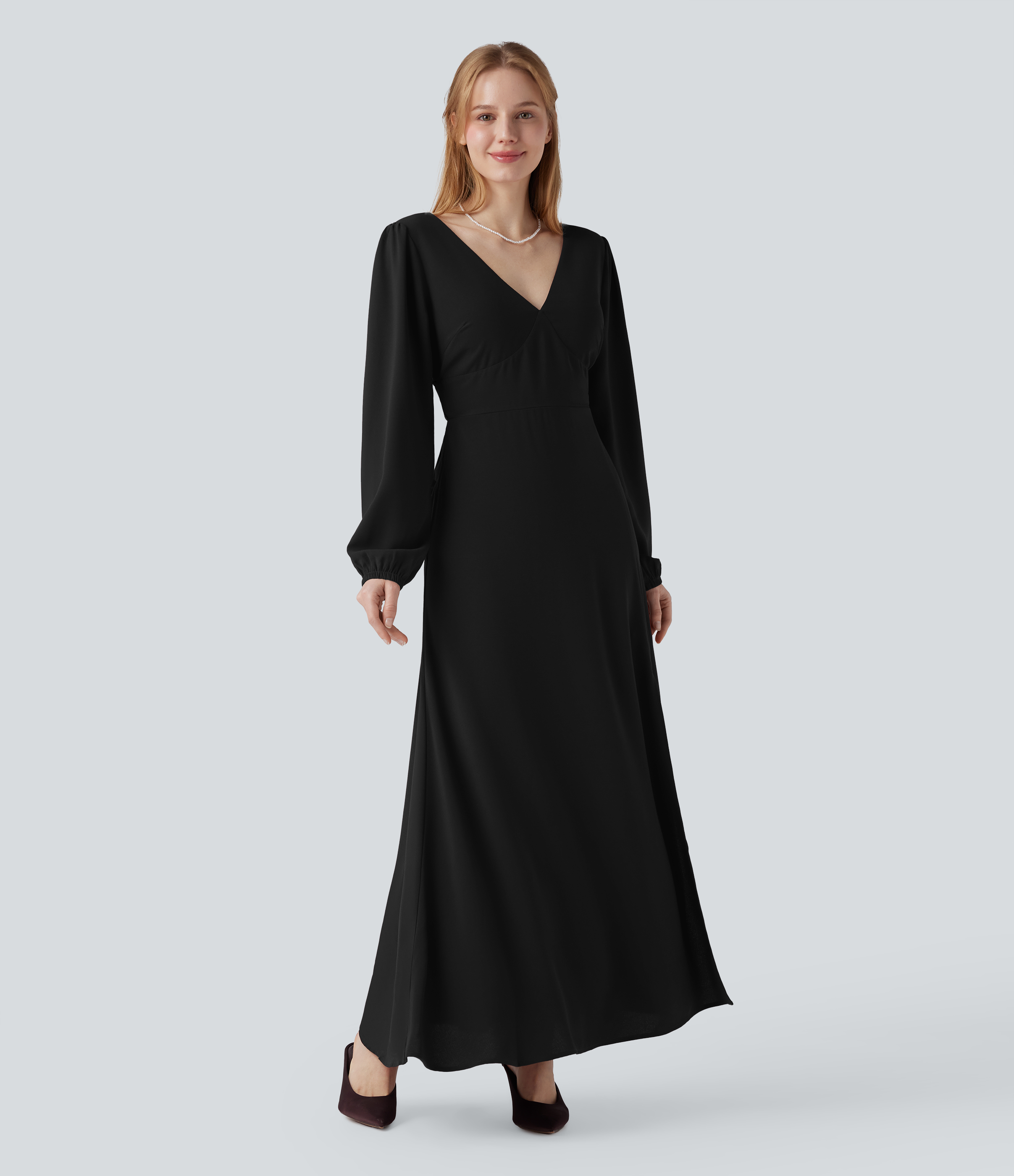 V-neck Bishop Long Sleeve Tie Back Split Maxi Bridesmaid And Wedding Guest Dress