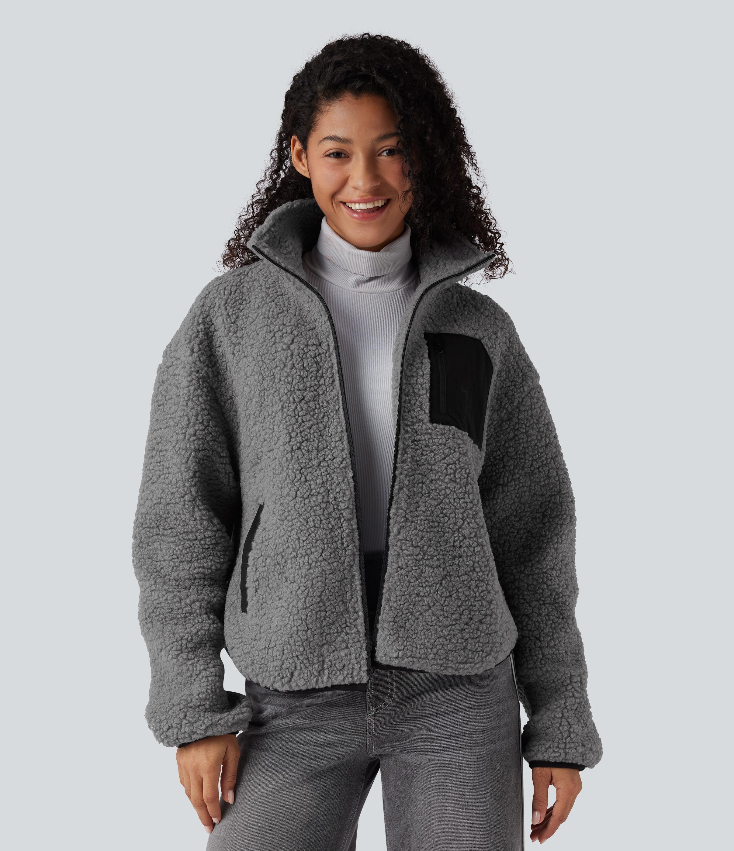 Gray Contours Turtleneck Long Sleeve Casual Sherpa Jacket with Pockets / 2