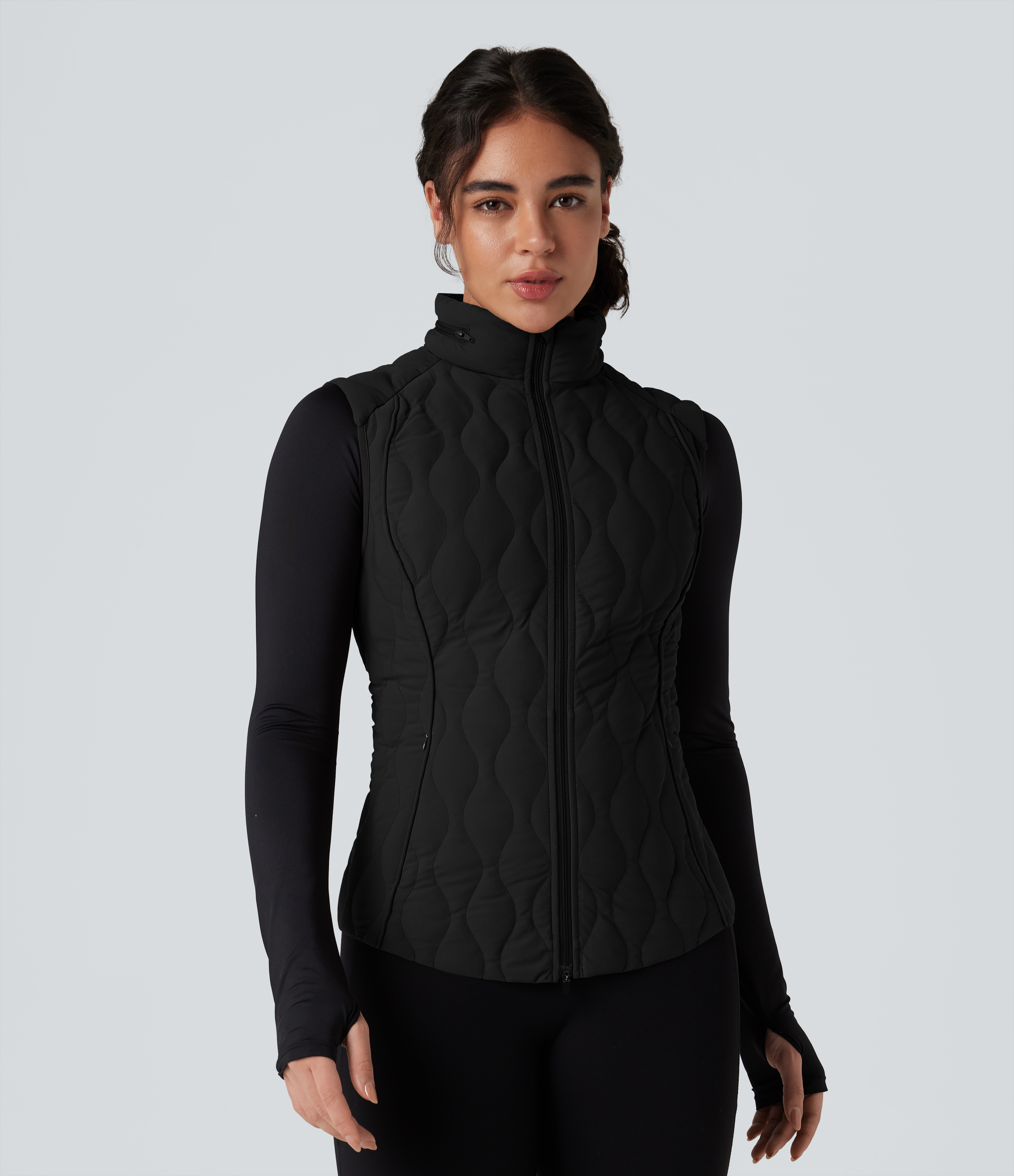 PuffFlex Packable High Neck Zipper Running Quilted Vest with Pockets