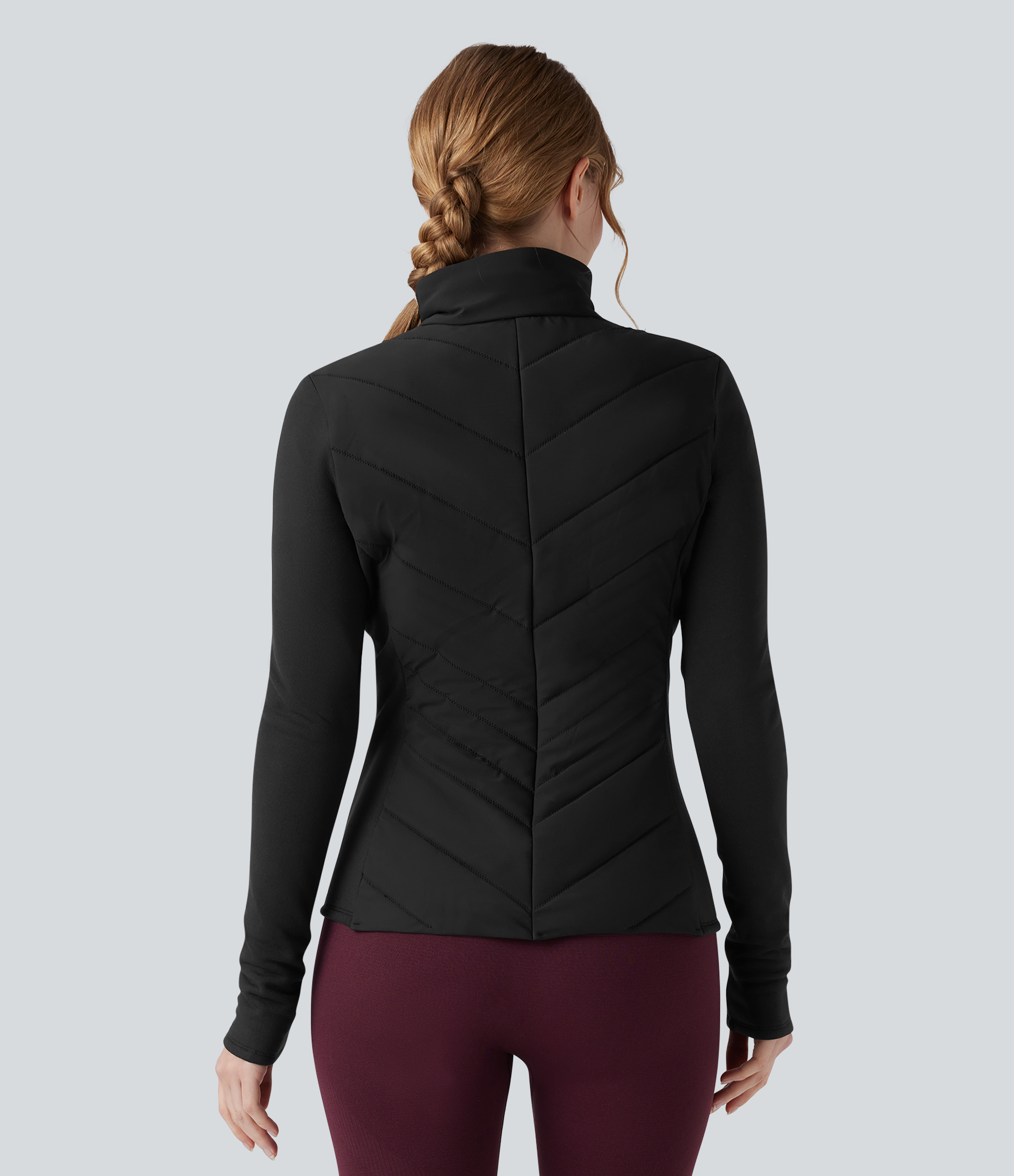 Black PuffFlex Stand Collar Zipper Long Sleeve Running Quilted Jacket with Pockets / 2